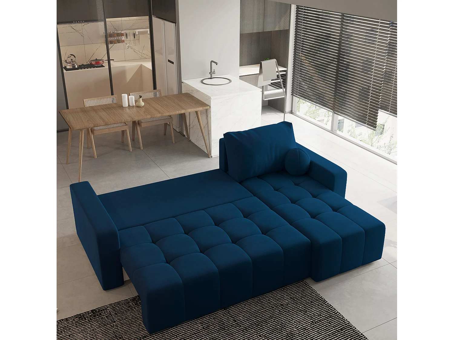 Canapé d'angle VOLIRA Bleu en peluche avec fonction de couchage