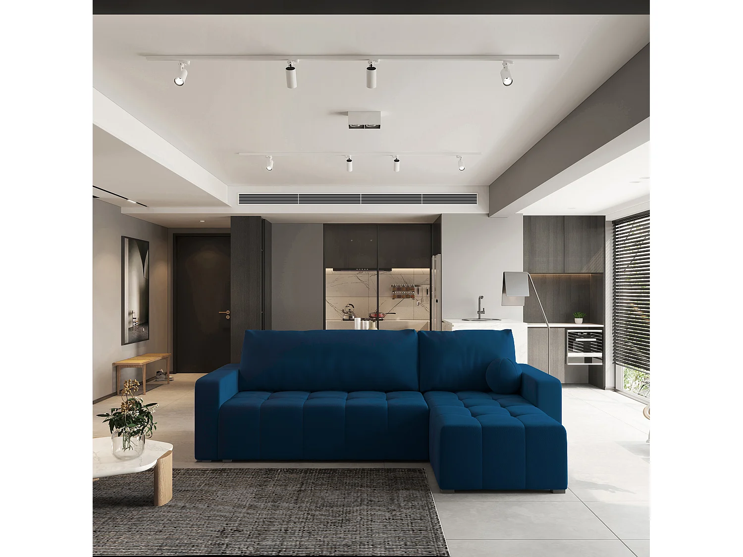 Canapé d'angle VOLIRA Bleu en peluche avec fonction de couchage