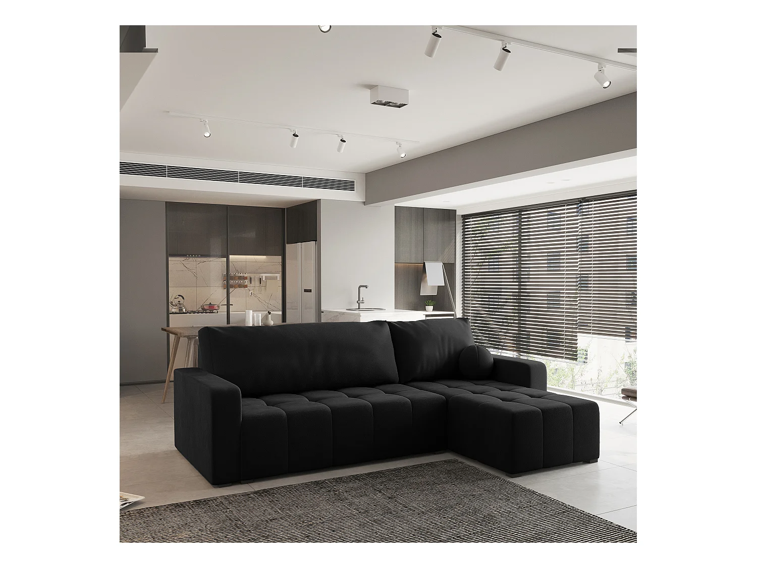 Canapé d'angle VOLIRA Noir en peluche avec fonction de couchage