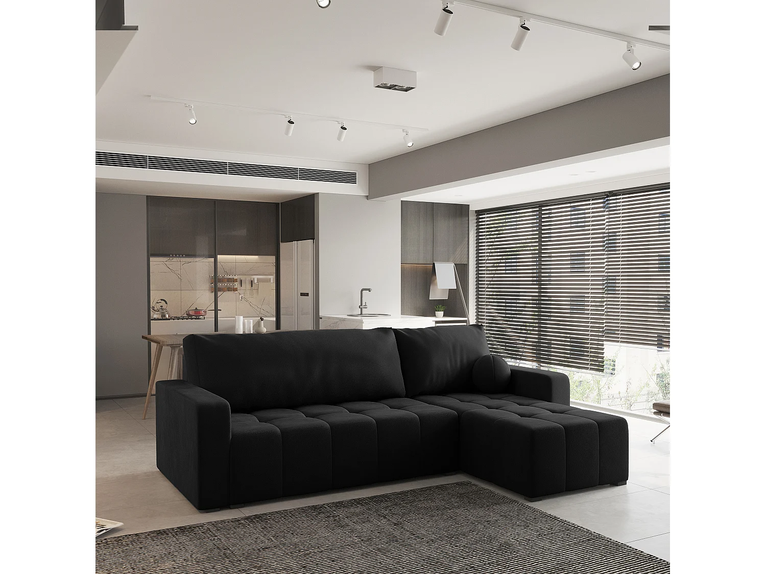 Canapé d'angle VOLIRA Noir en peluche avec fonction de couchage