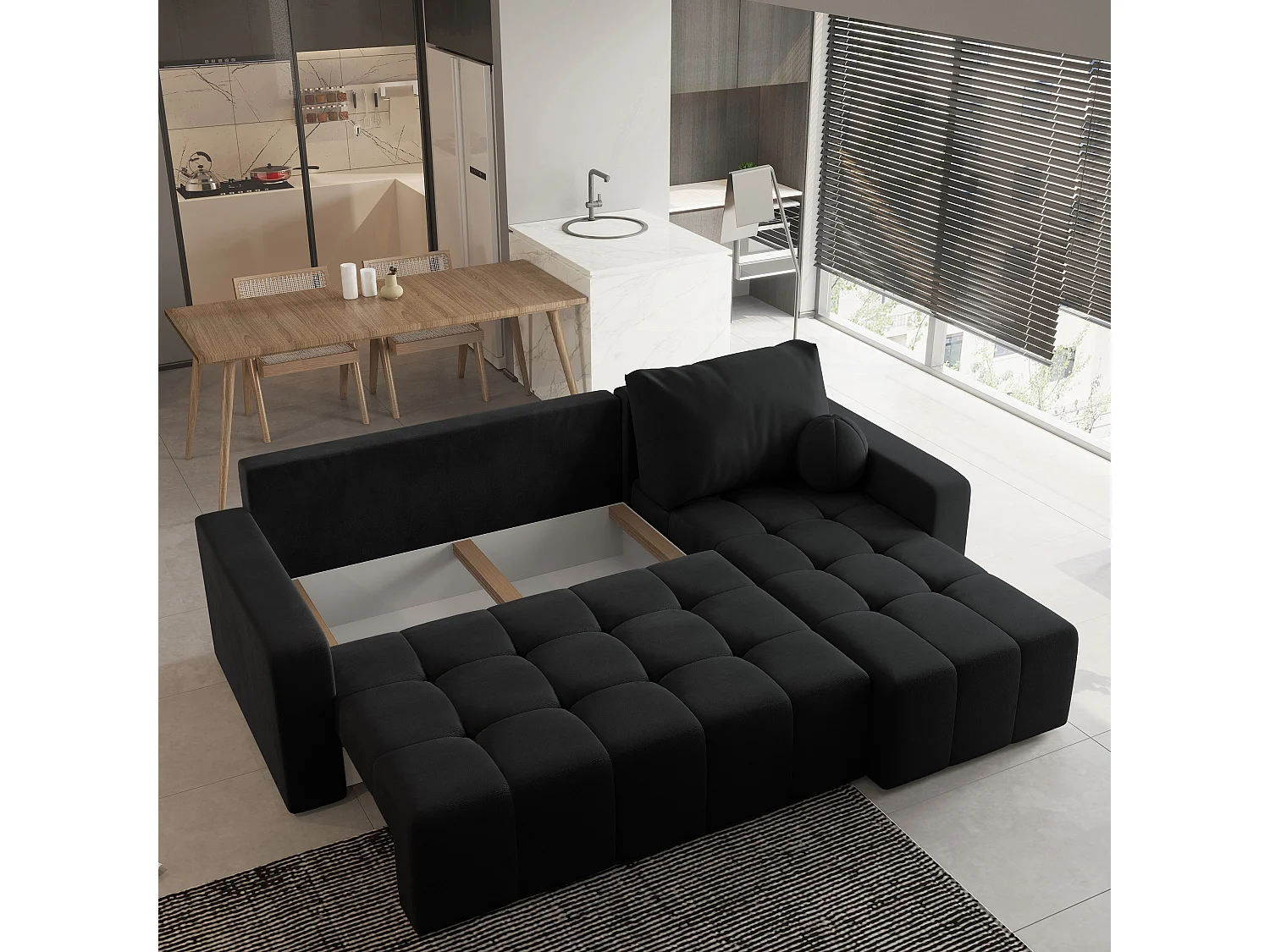 Canapé d'angle VOLIRA Noir en peluche avec fonction de couchage