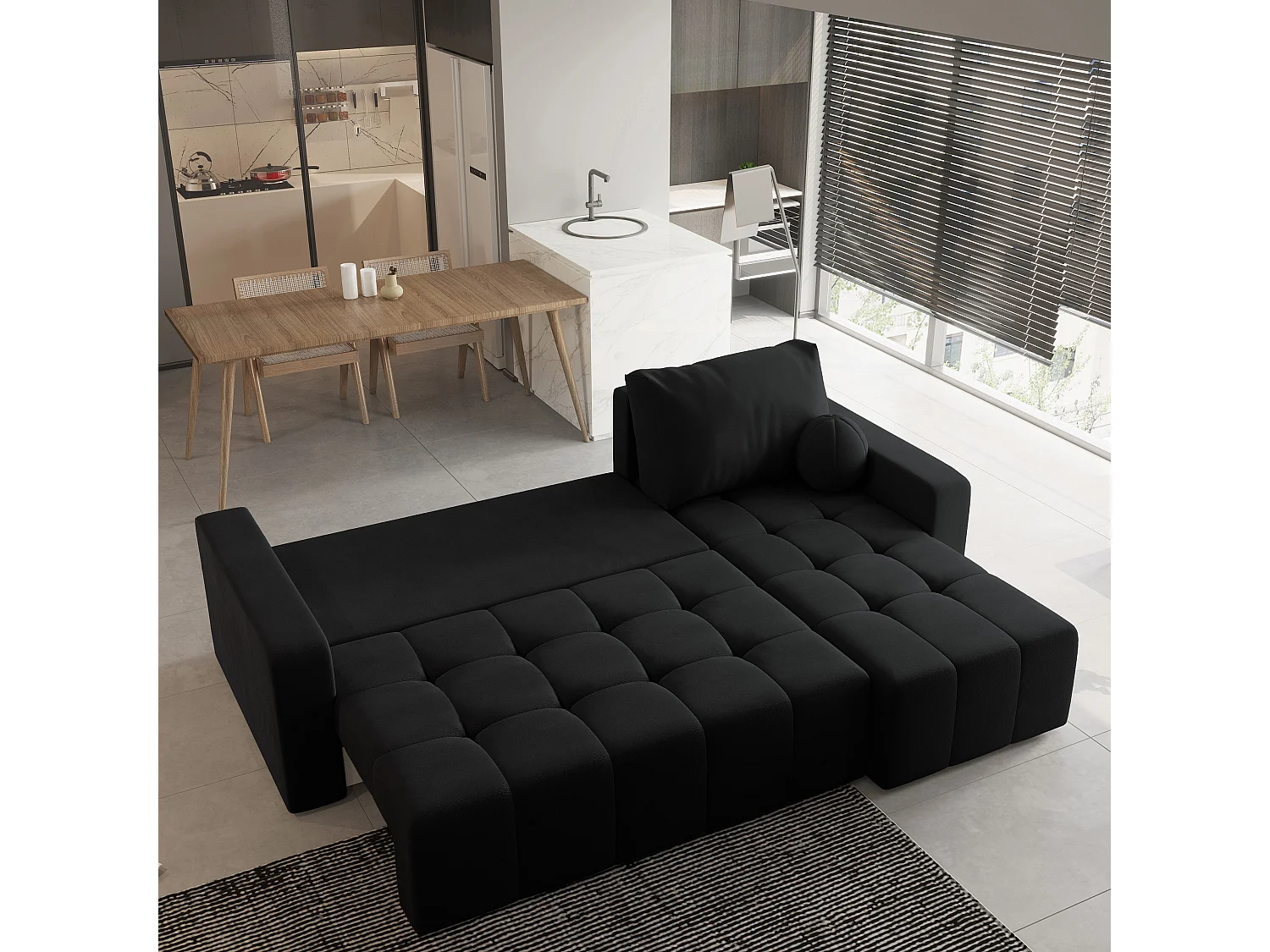 Canapé d'angle VOLIRA Noir en peluche avec fonction de couchage