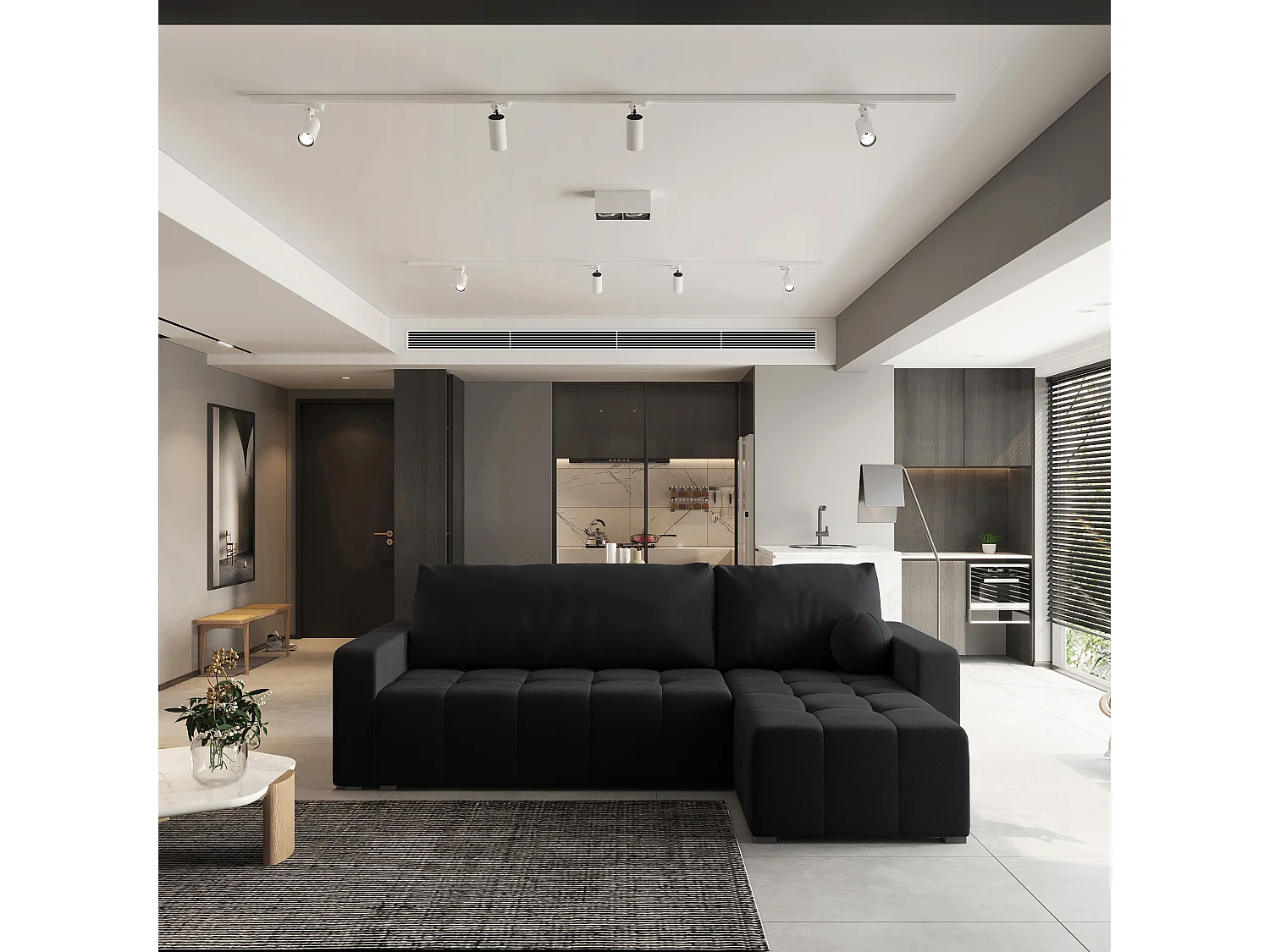 Canapé d'angle VOLIRA Noir en peluche avec fonction de couchage