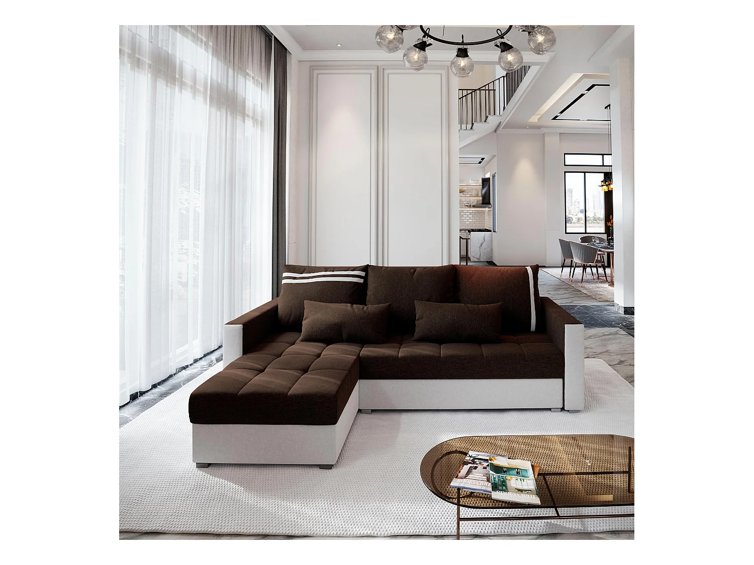 Canapé d'angle KOS PIK Marron en tissu texturé avec fonction de couchage