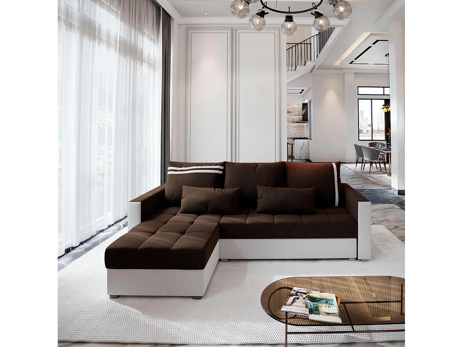 Canapé d'angle KOS PIK Marron en tissu texturé avec fonction de couchage