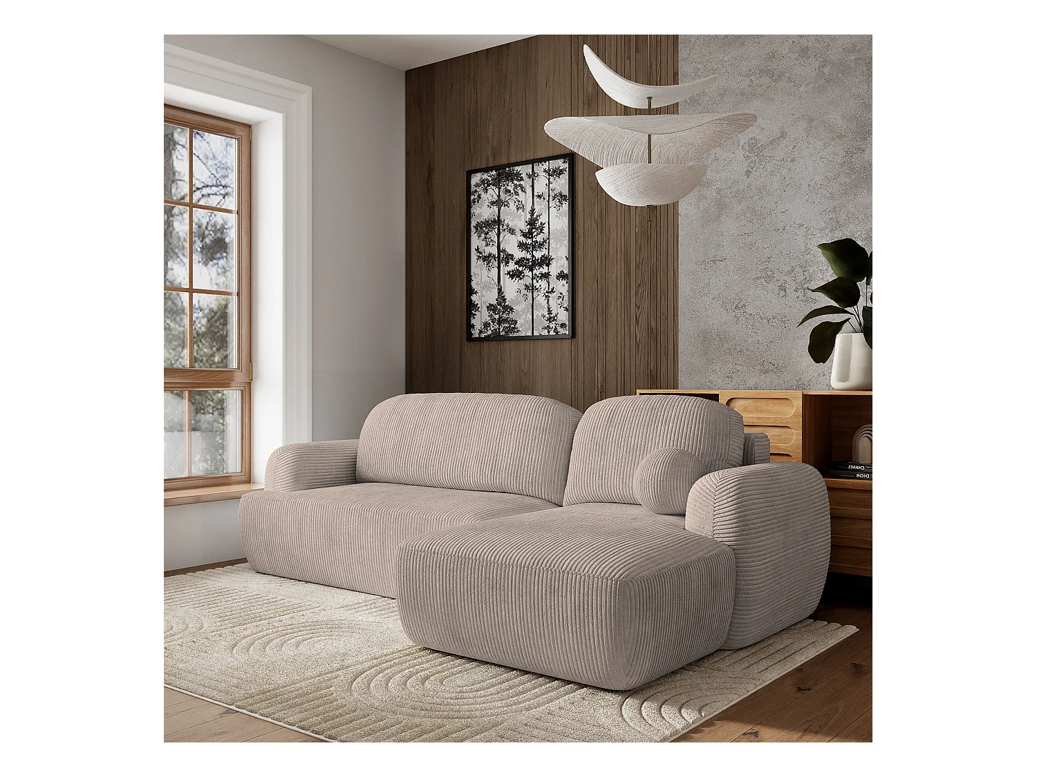 Canapé d'angle MODENZA Beige en velours côtelé avec fonction de couchage