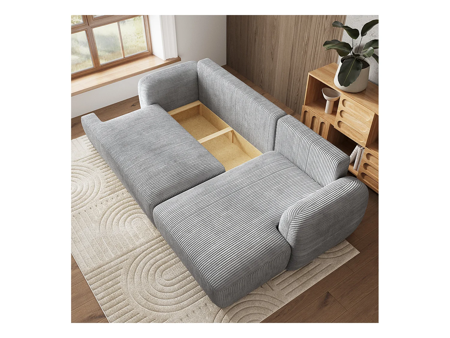 Canapé d'angle MODENZA Beige en velours côtelé avec fonction de couchage
