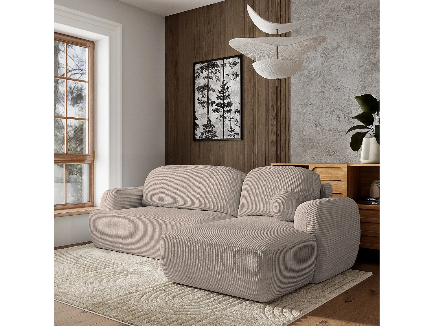 Canapé d'angle MODENZA Beige en velours côtelé avec fonction de couchage
