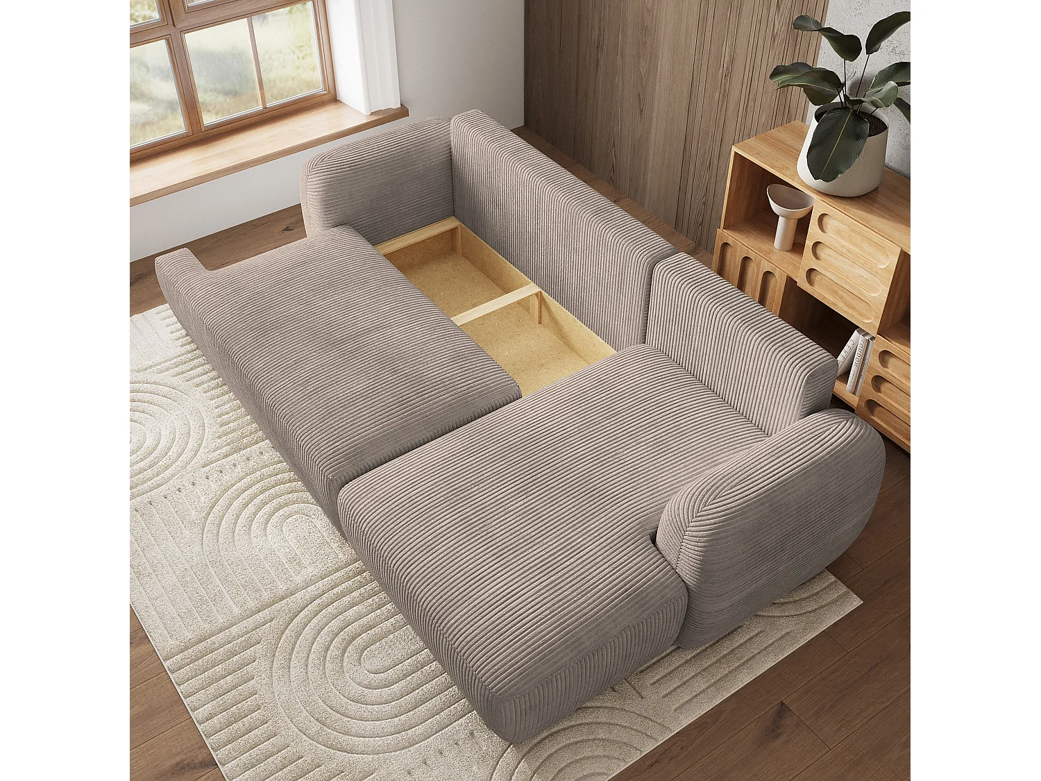Canapé d'angle MODENZA Beige en velours côtelé avec fonction de couchage
