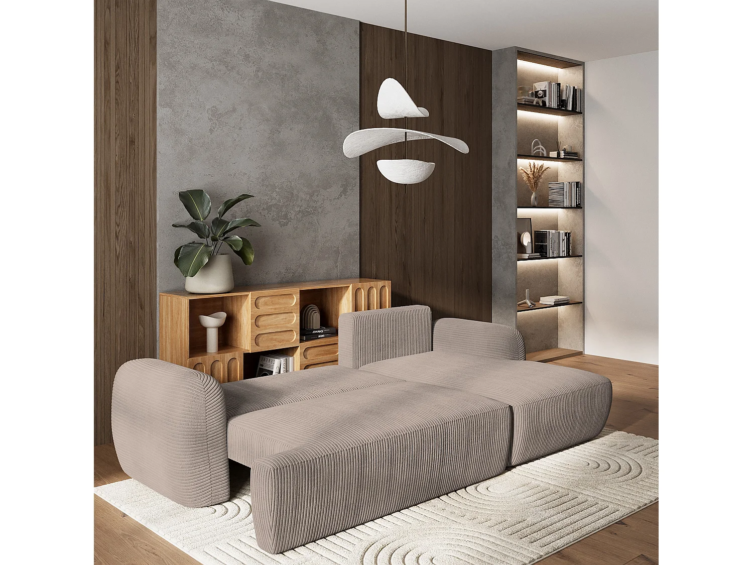 Canapé d'angle MODENZA Beige en velours côtelé avec fonction de couchage