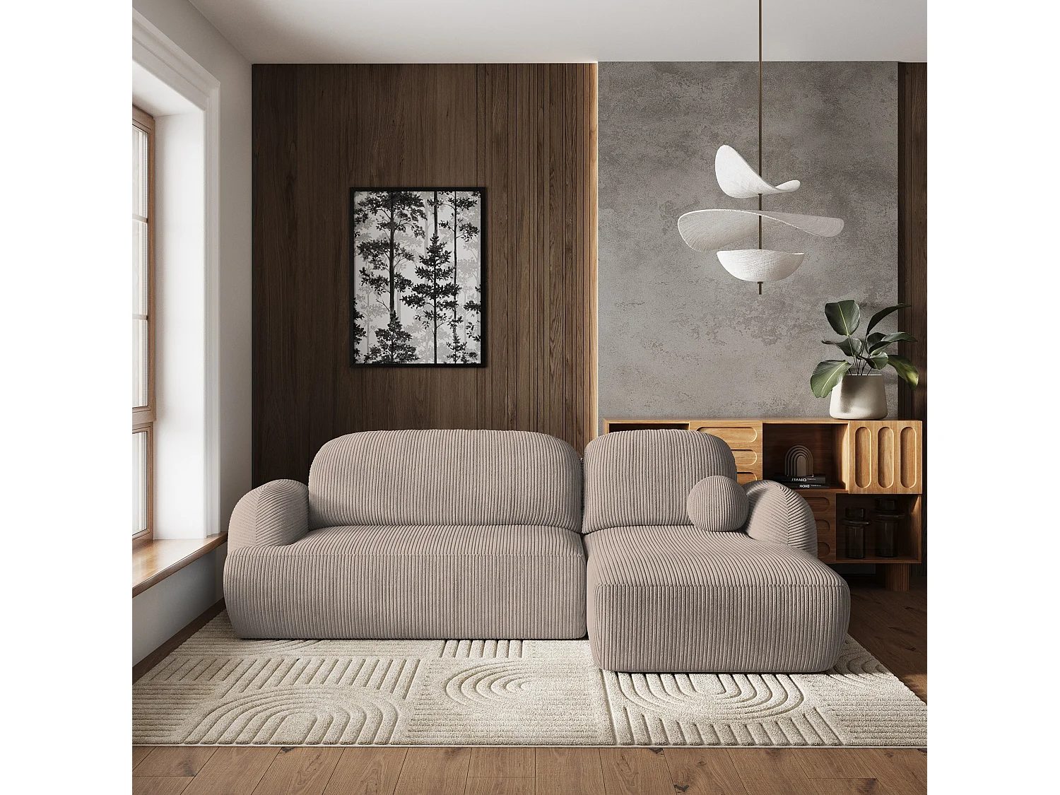 Canapé d'angle MODENZA Beige en velours côtelé avec fonction de couchage