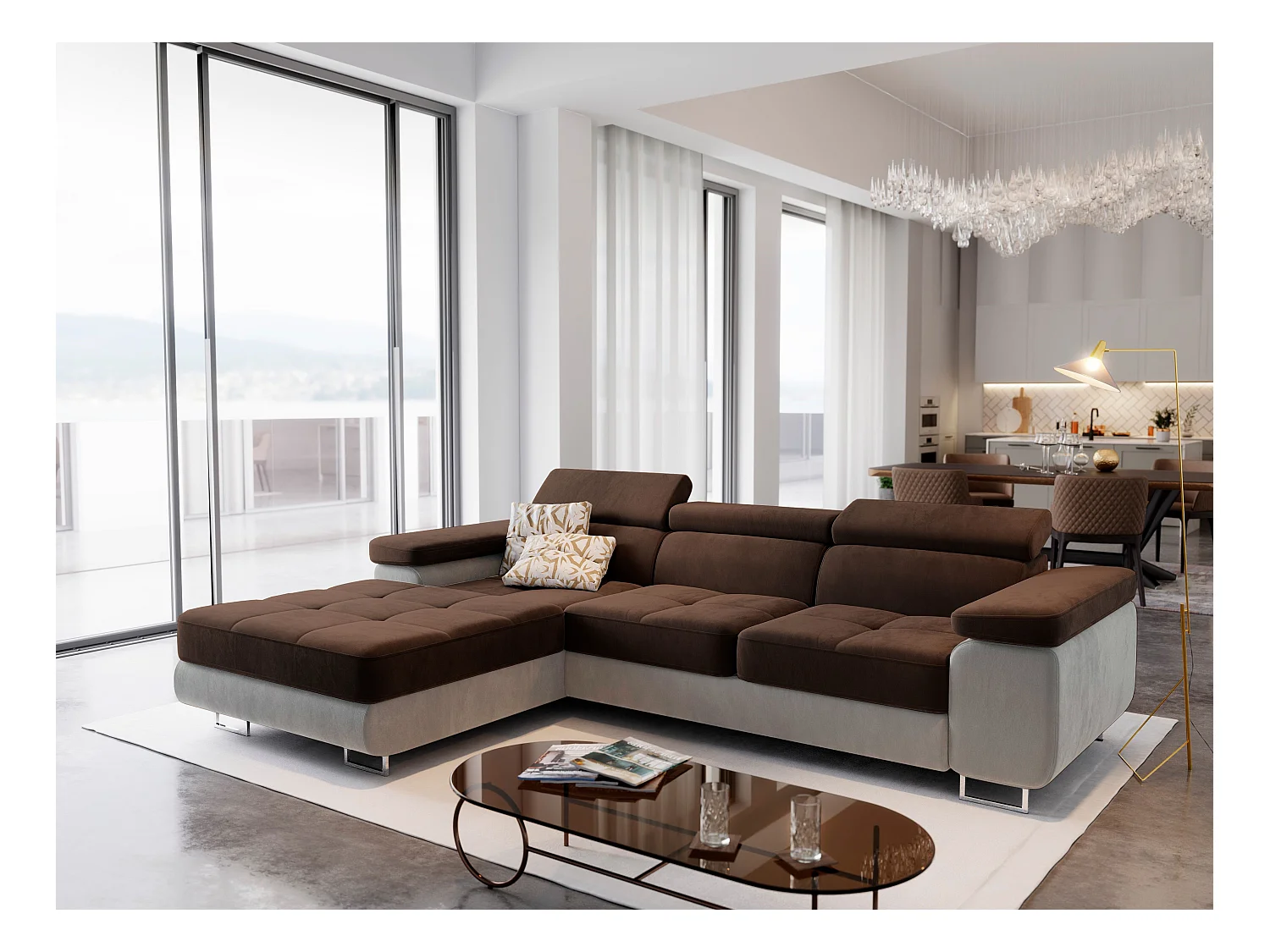 Canapé d'angle ELMA Marron en velours avec fonction de couchage