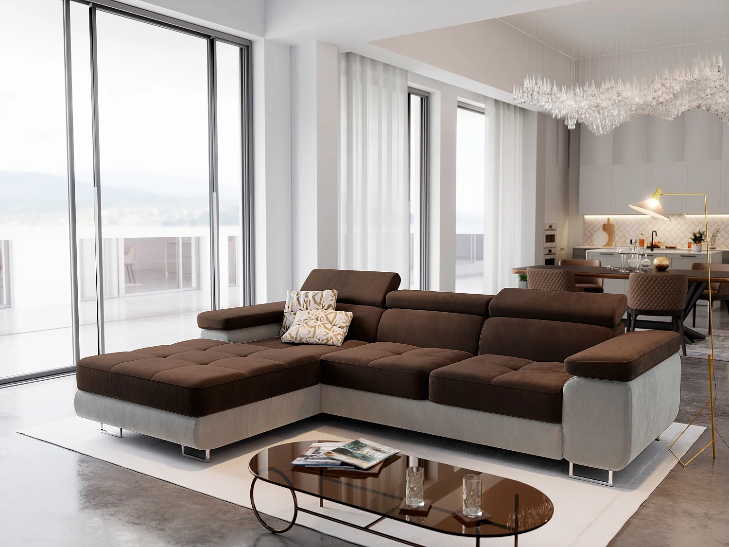 Canapé d'angle ELMA Marron en velours avec fonction de couchage