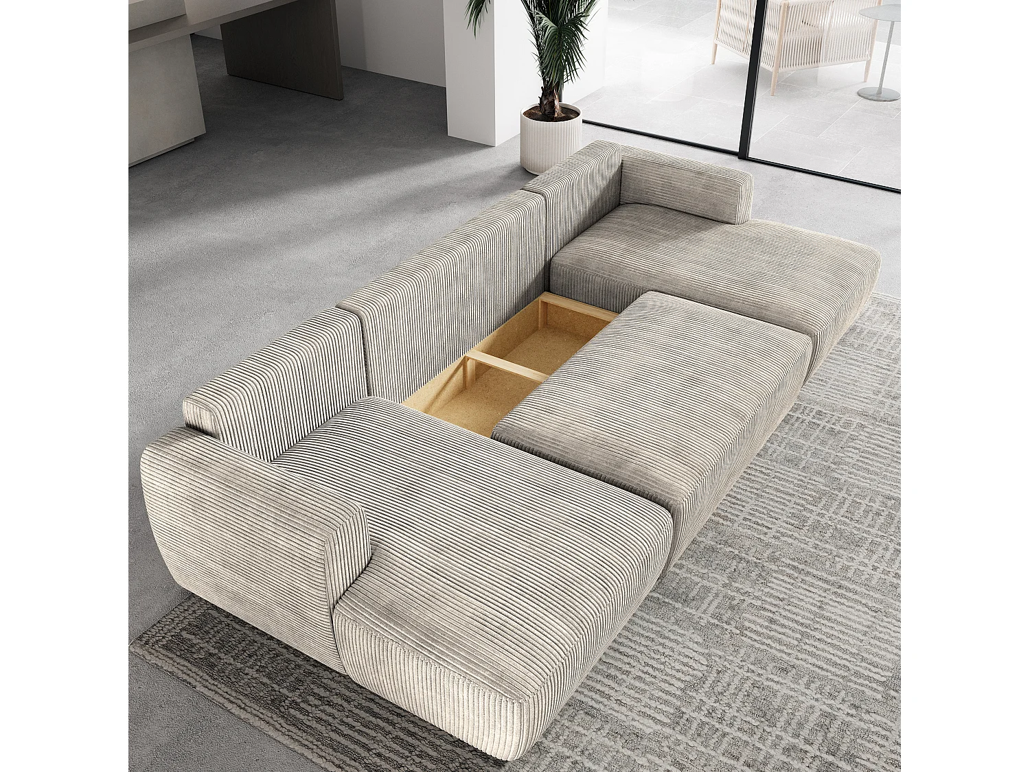 Canapé d'angle SENTUM Crème en velours côtelé avec fonction de couchage