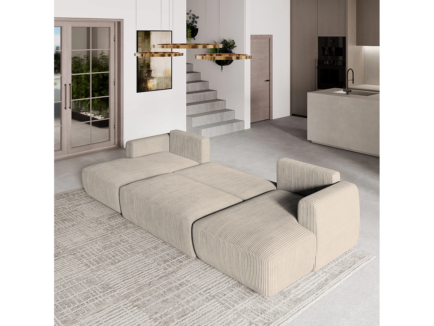 Canapé d'angle SENTUM Crème en velours côtelé avec fonction de couchage