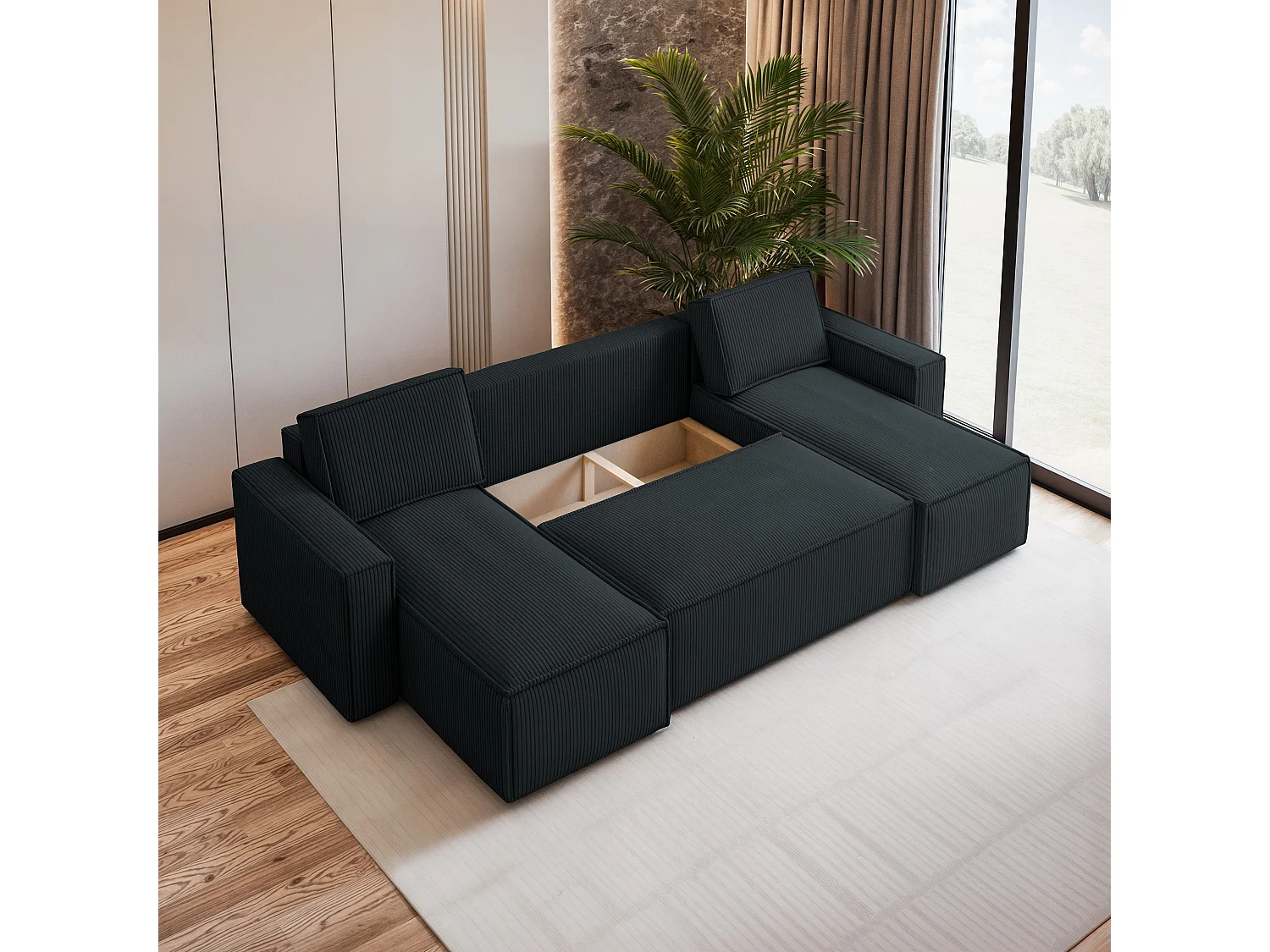 Canapé d'angle PESANO Noir en velours côtelé avec fonction de couchage