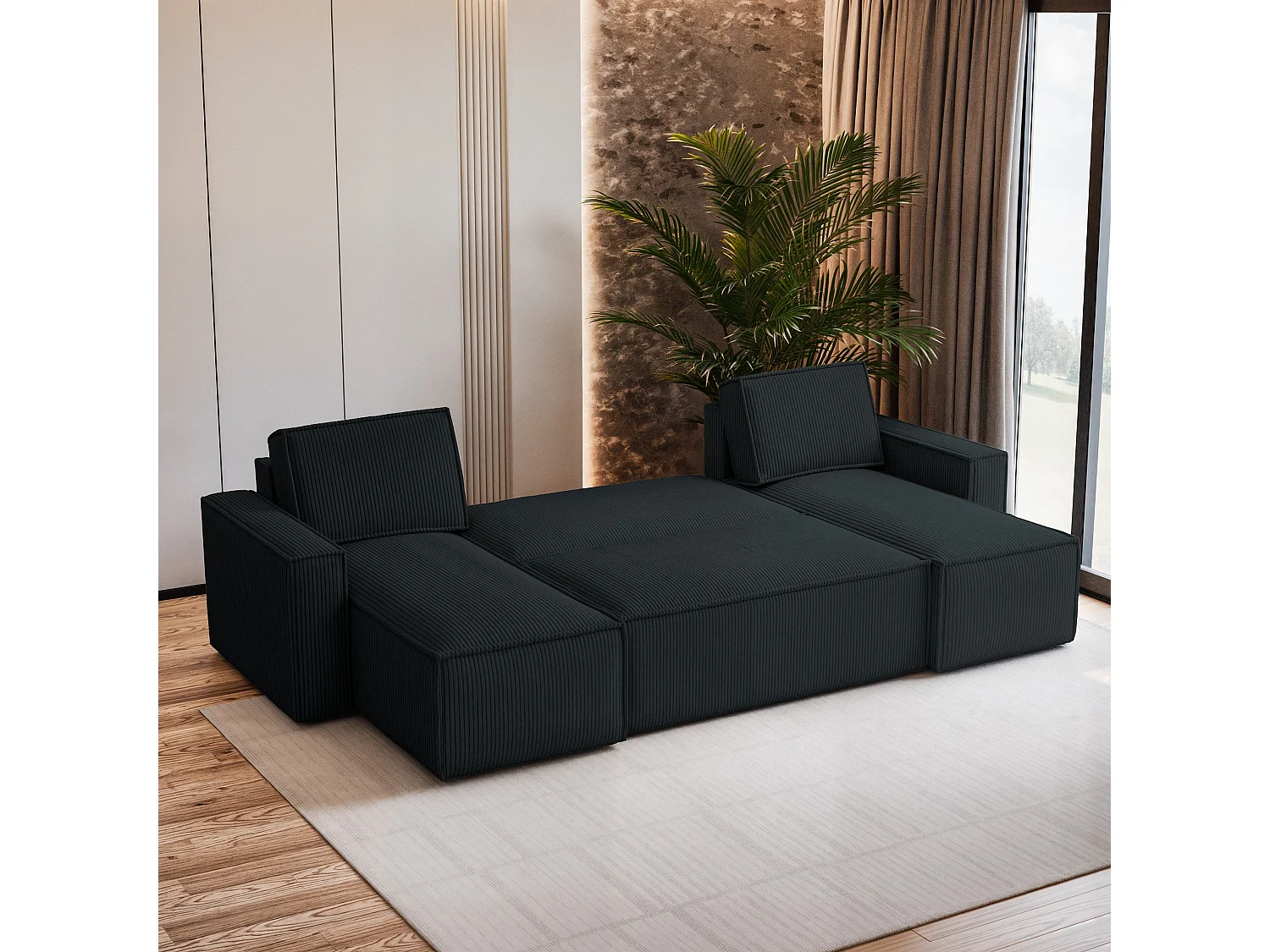 Canapé d'angle PESANO Noir en velours côtelé avec fonction de couchage