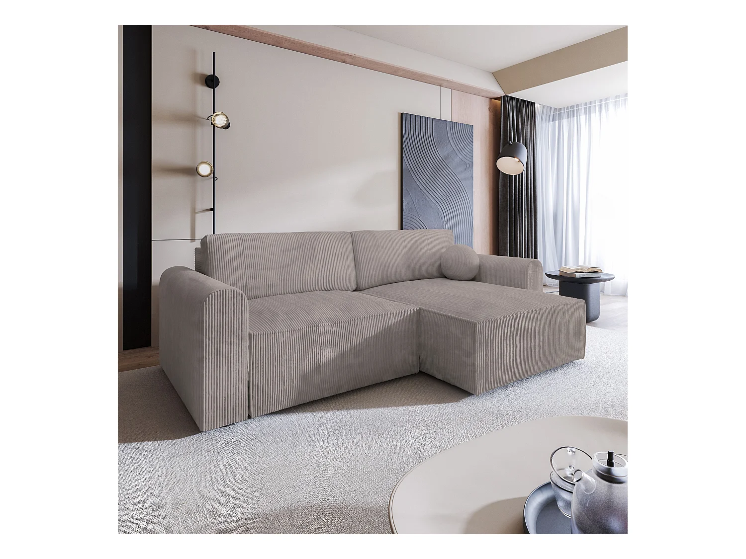 Canapé d'angle FIANO Beige en velours côtelé avec fonction de couchage