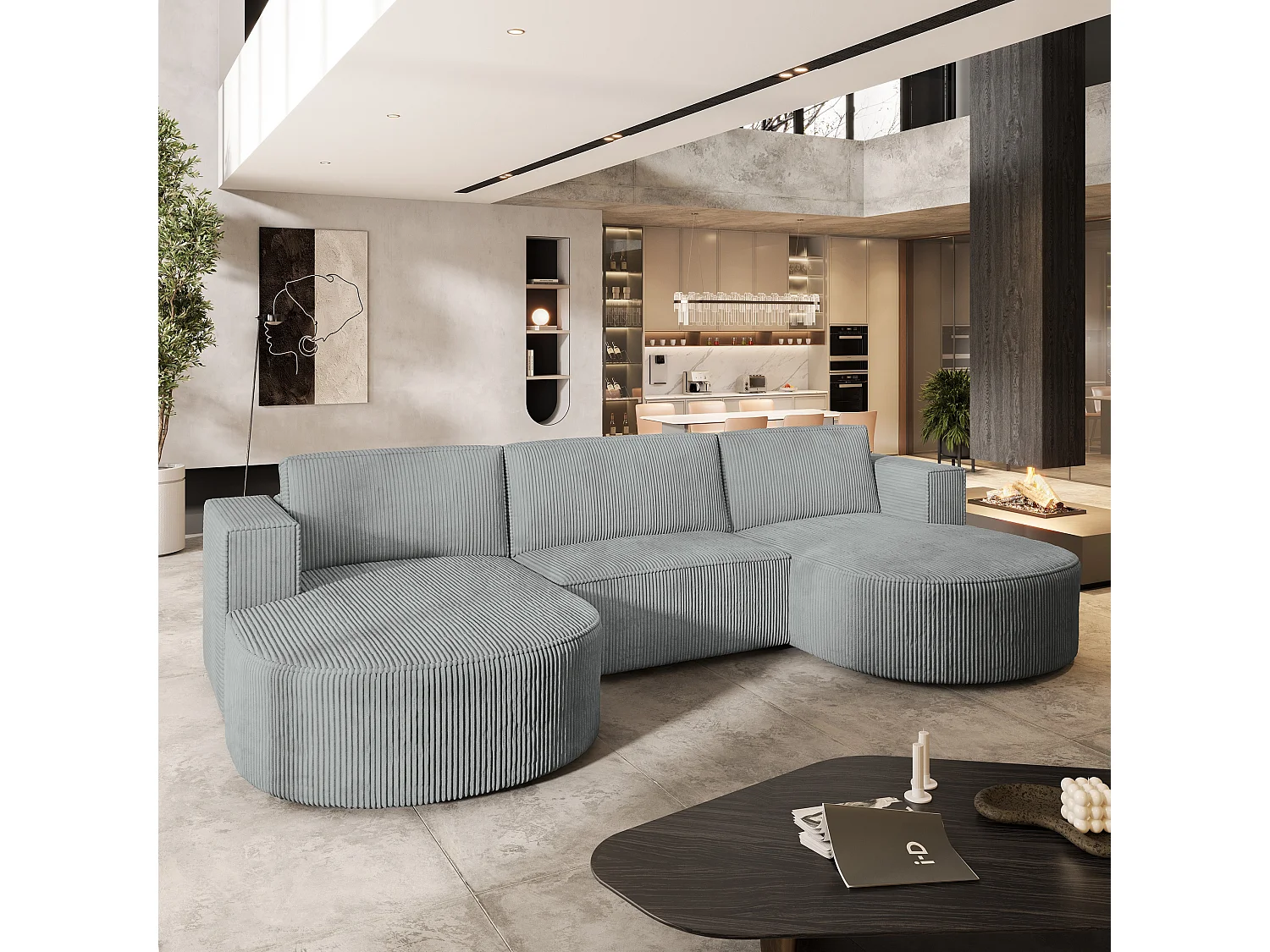 Canapé d'angle VEZZO Gris clair en velours côtelé avec fonction de couchage