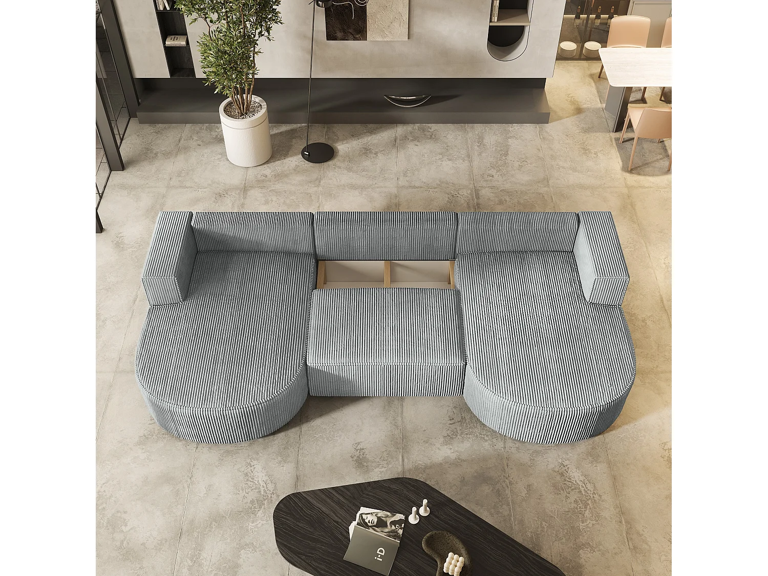 Canapé d'angle VEZZO Gris clair en velours côtelé avec fonction de couchage