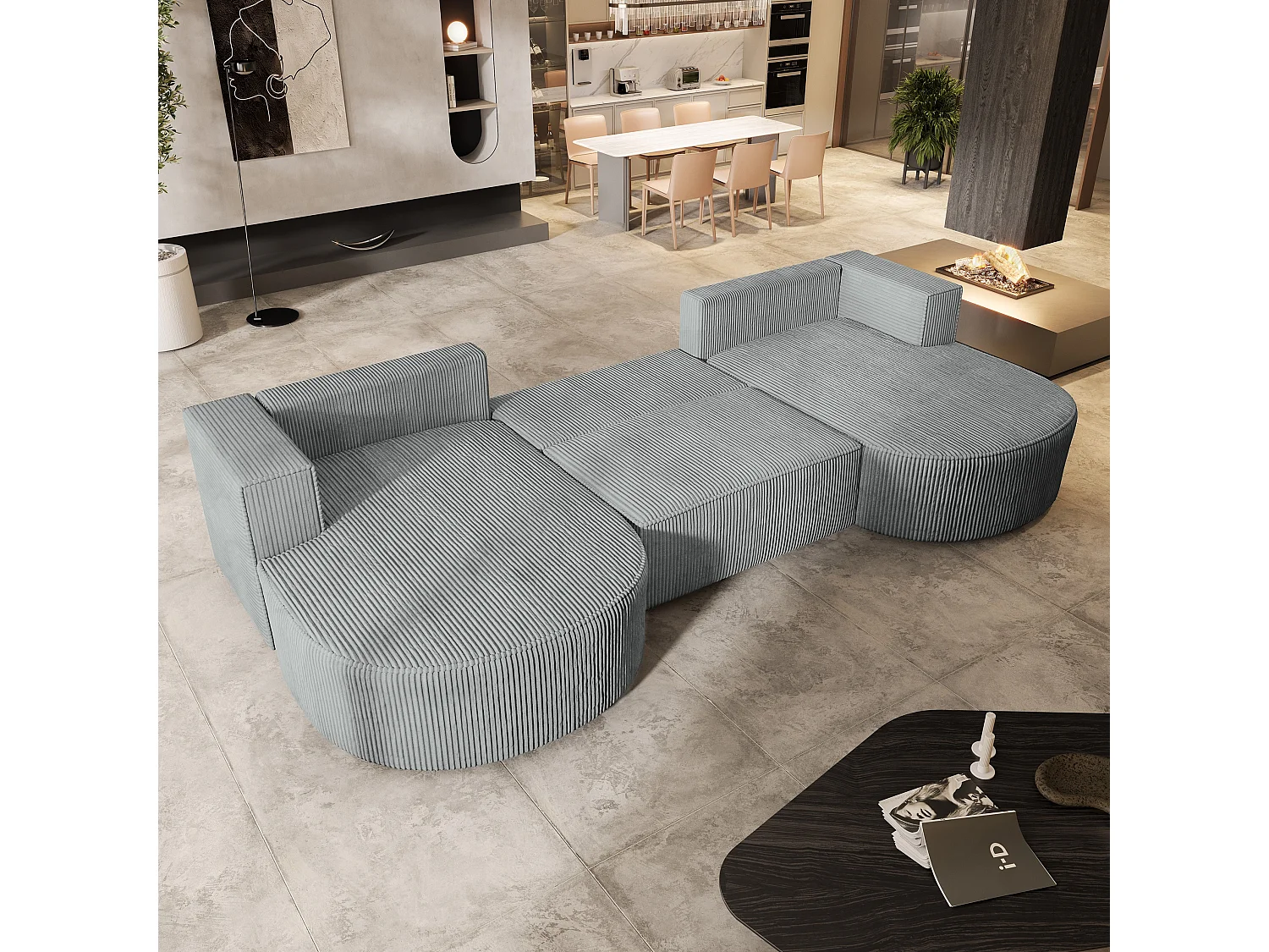 Canapé d'angle VEZZO Gris clair en velours côtelé avec fonction de couchage