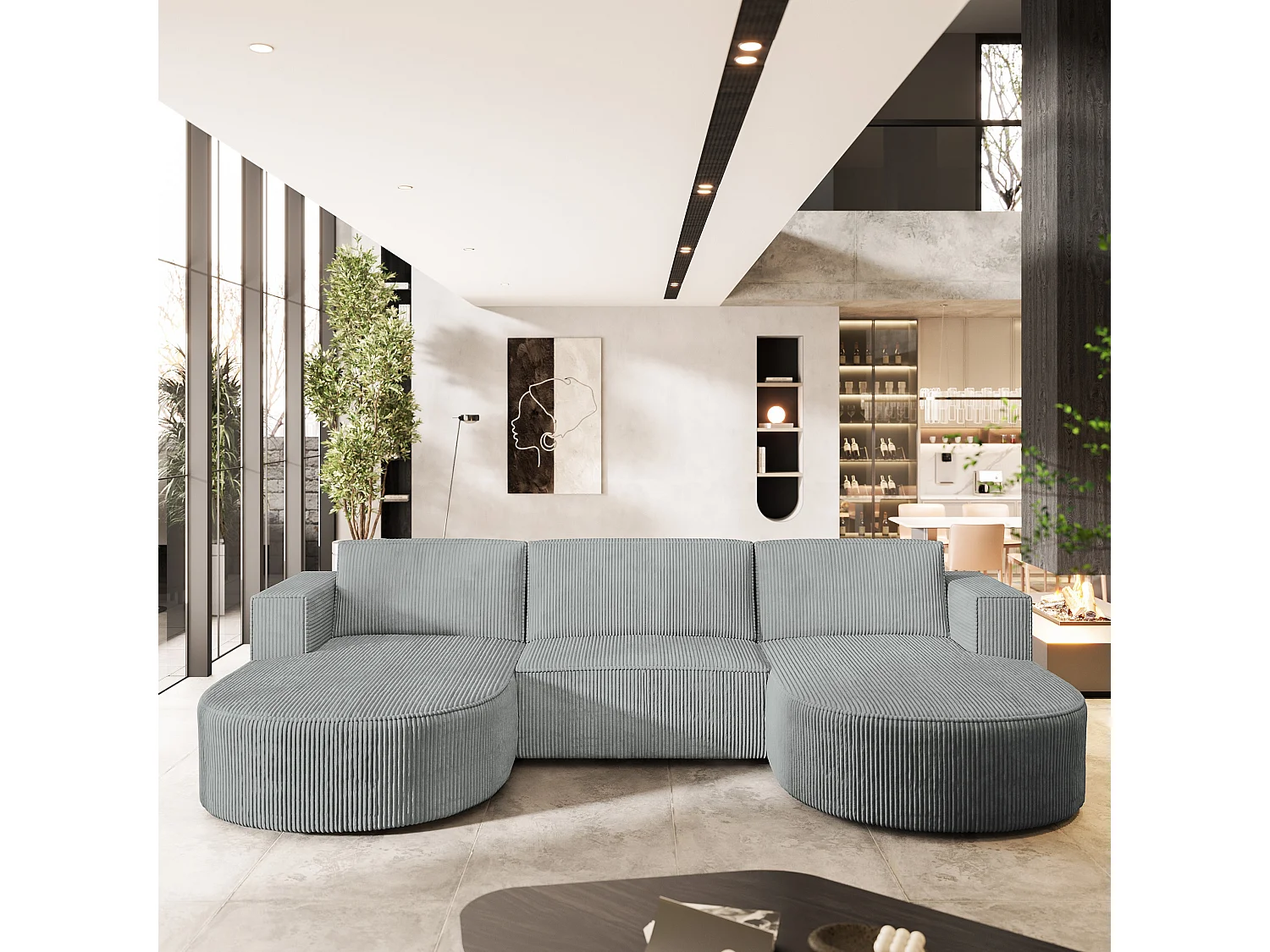 Canapé d'angle VEZZO Gris clair en velours côtelé avec fonction de couchage