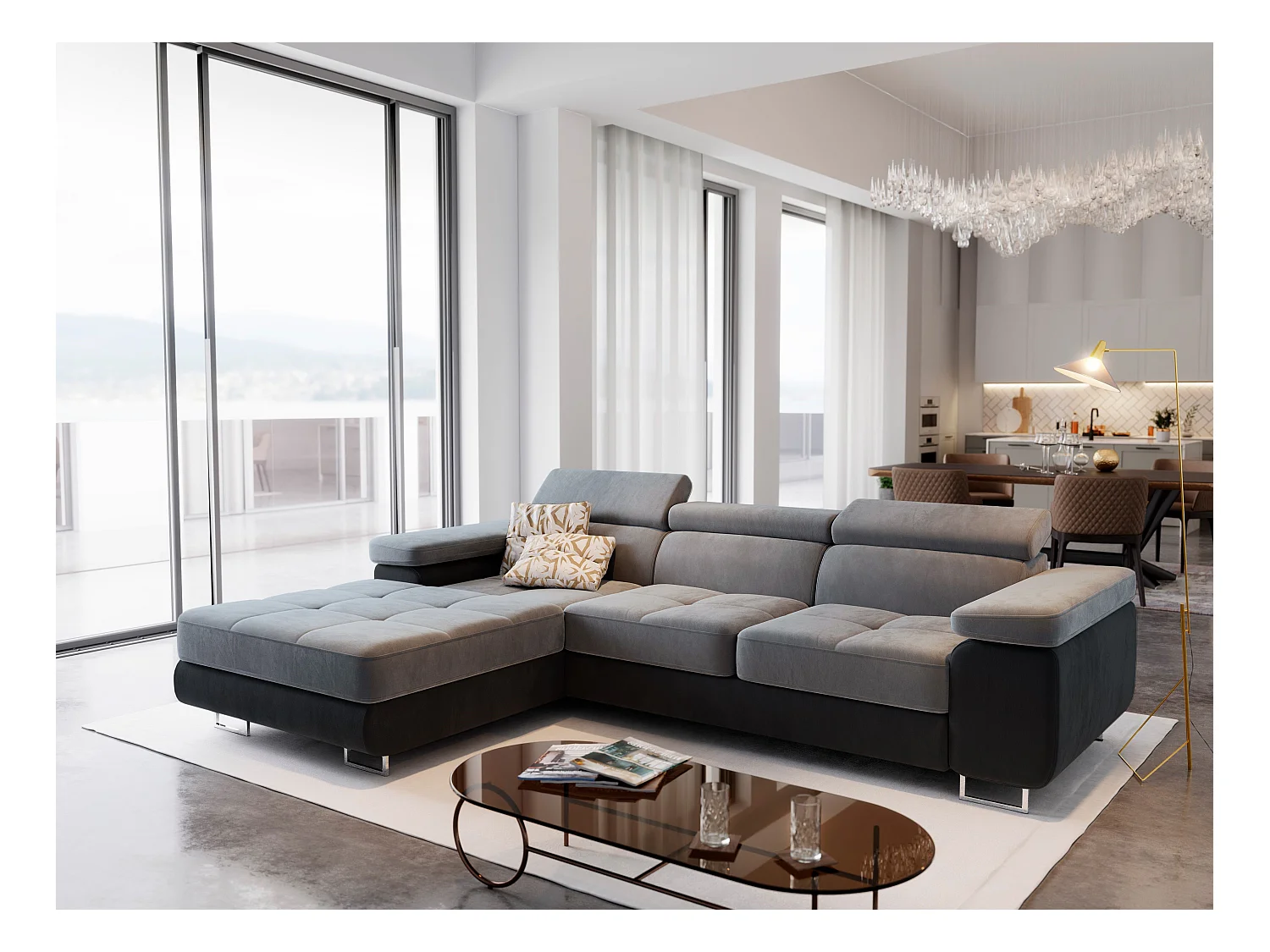 Canapé d'angle ELMA Gris clair en velours avec fonction de couchage