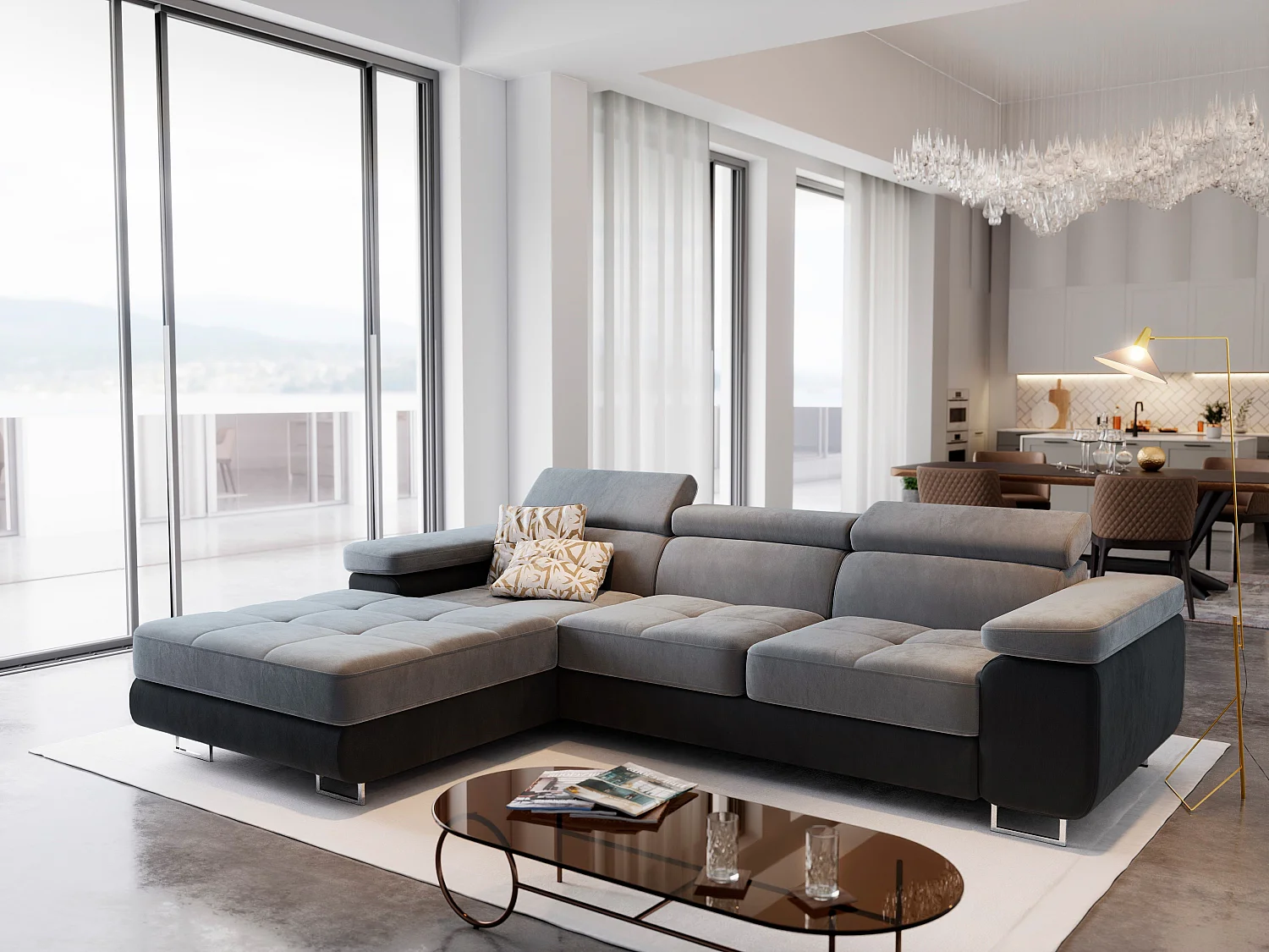 Canapé d'angle ELMA Gris clair en velours avec fonction de couchage