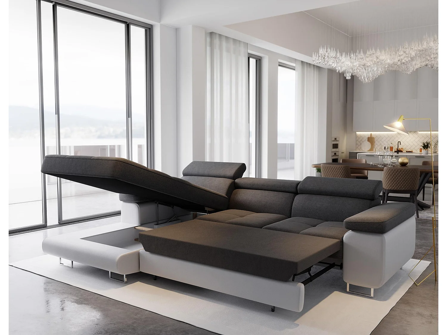 Canapé d'angle ELMA Gris clair en velours avec fonction de couchage