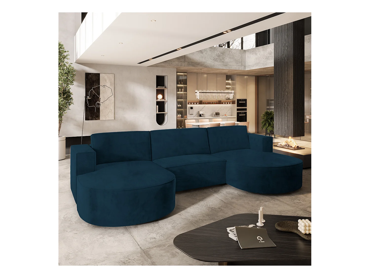 Canapé d'angle VEZZO Bleu en velours avec fonction de couchage