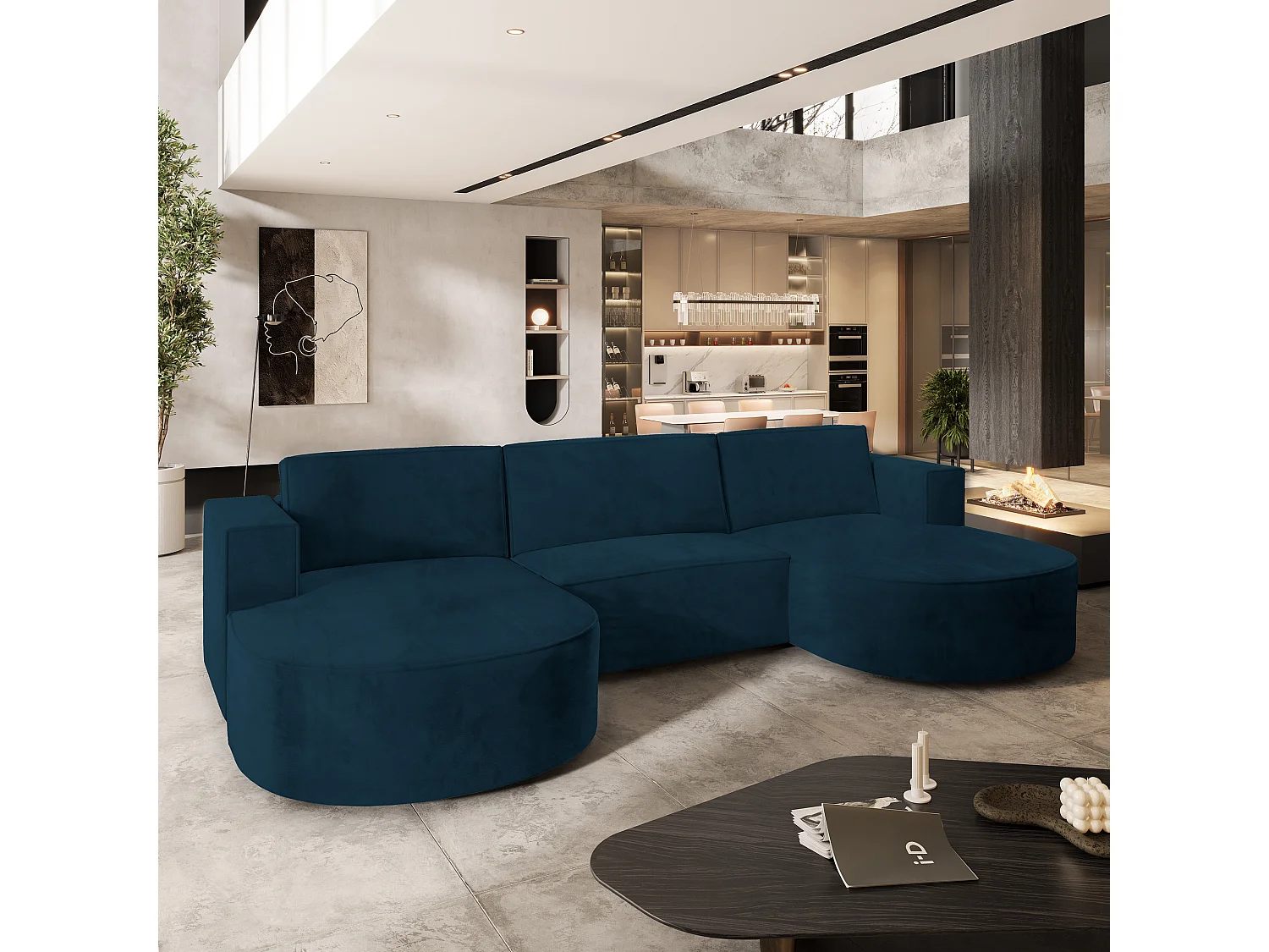 Canapé d'angle VEZZO Bleu en velours avec fonction de couchage