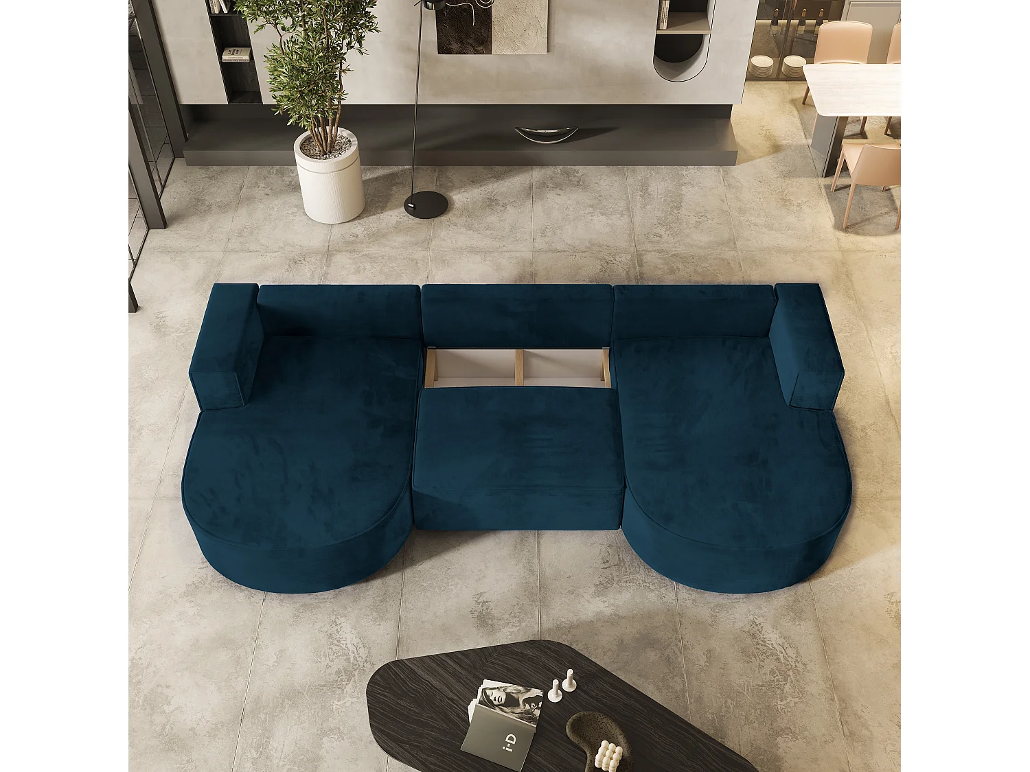 Canapé d'angle VEZZO Bleu en velours avec fonction de couchage