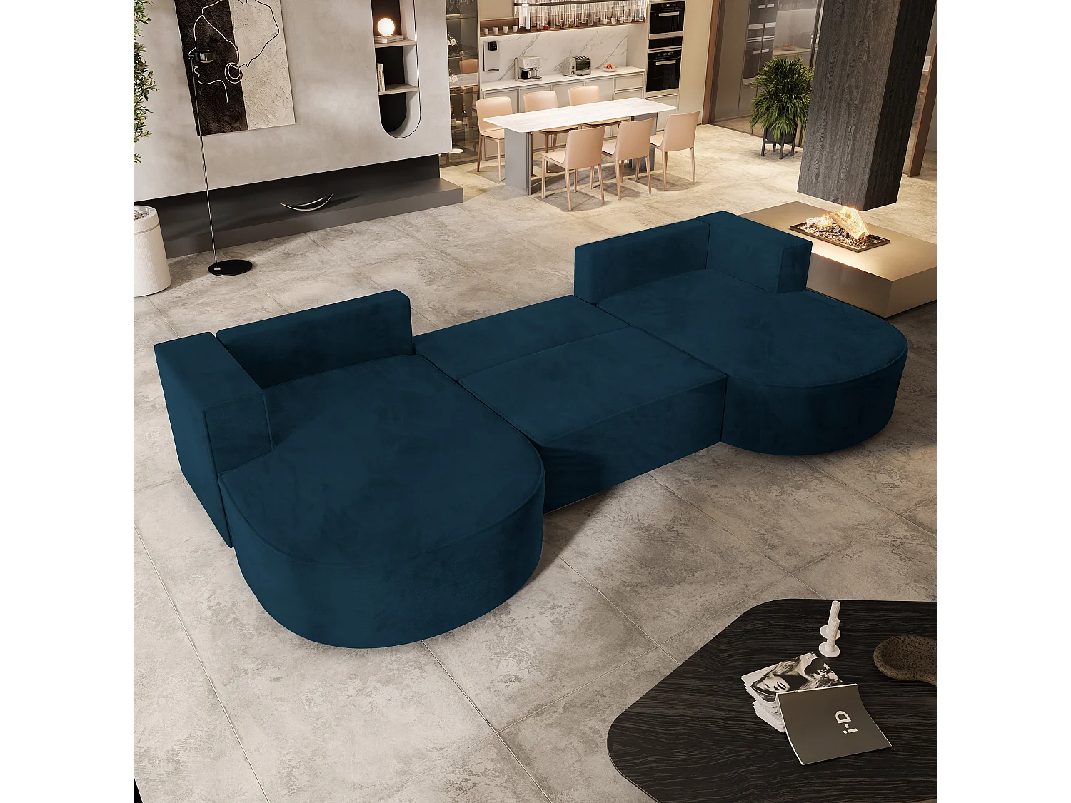 Canapé d'angle VEZZO Bleu en velours avec fonction de couchage