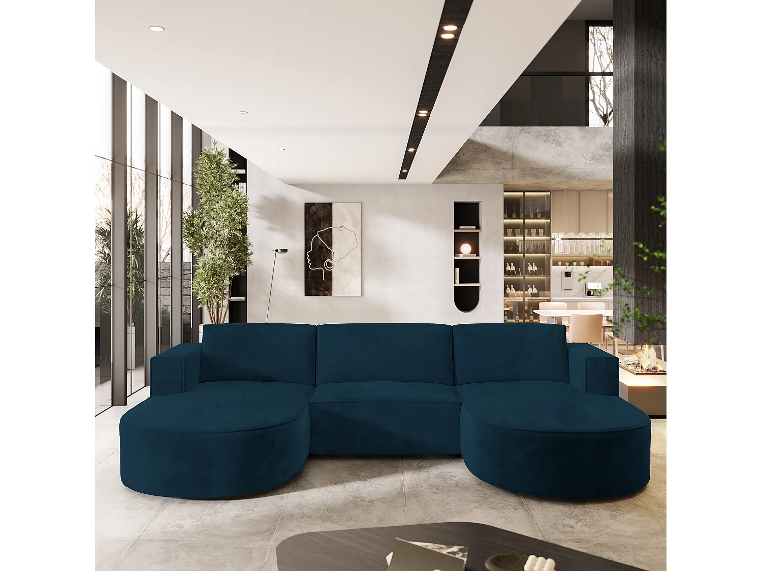 Canapé d'angle VEZZO Bleu en velours avec fonction de couchage