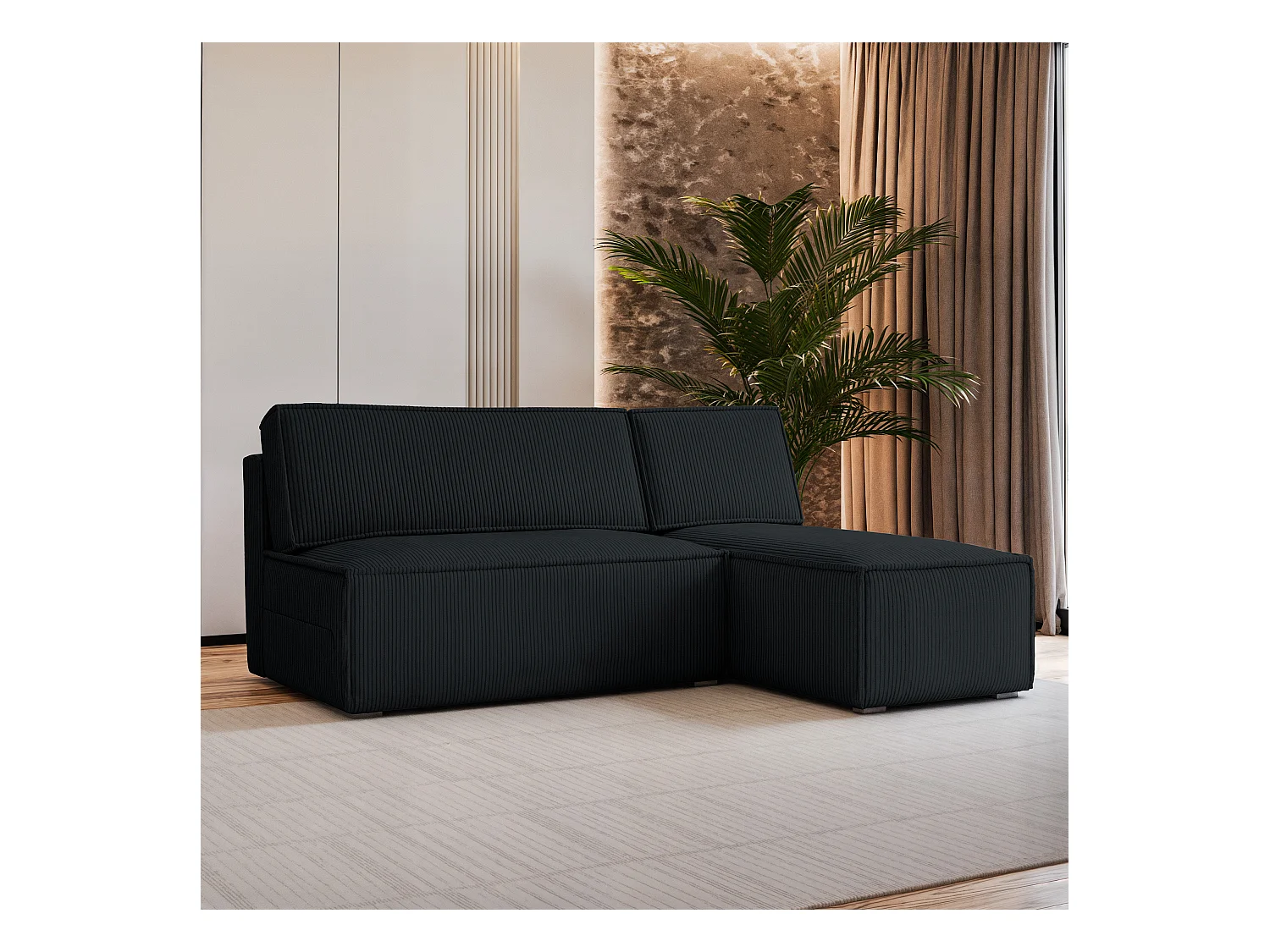 Canapé d'angle BRISO Noir en velours côtelé avec fonction de couchage