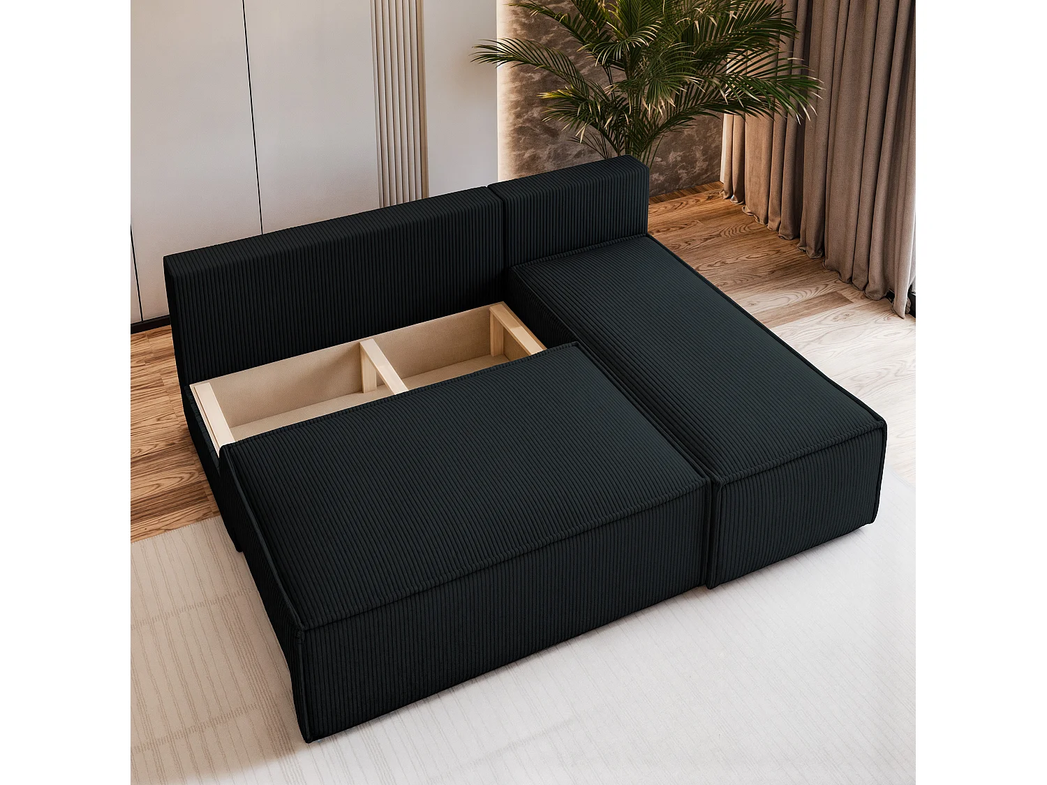 Canapé d'angle BRISO Noir en velours côtelé avec fonction de couchage