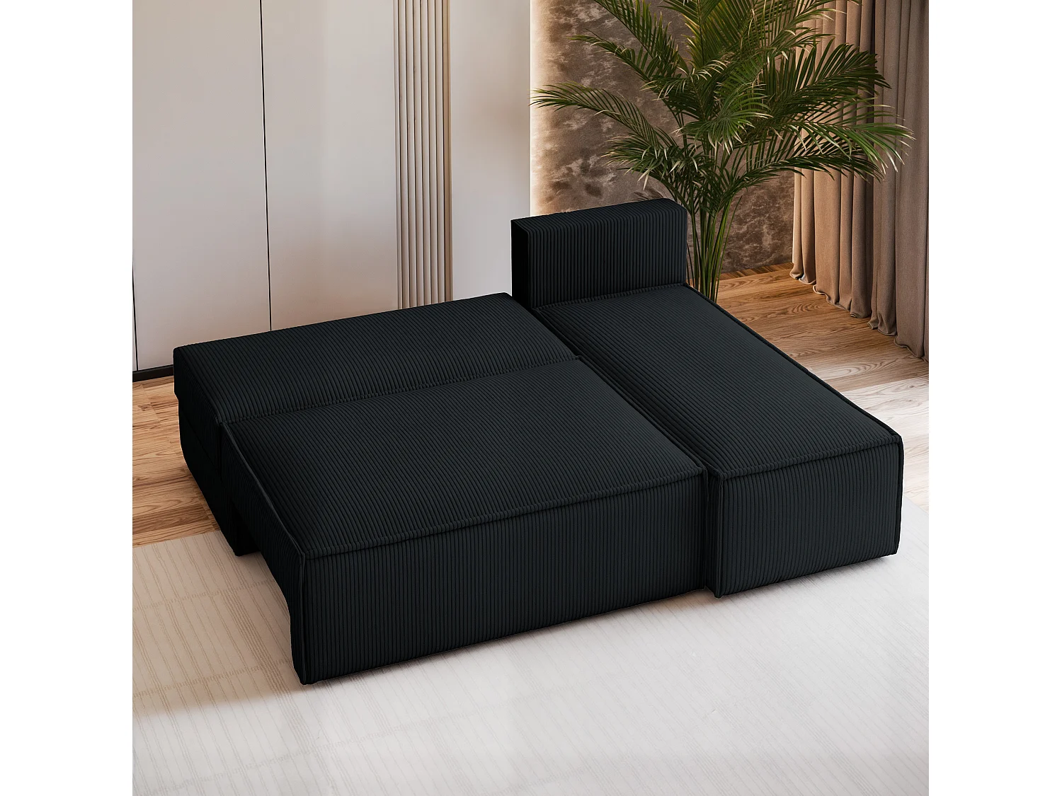 Canapé d'angle BRISO Noir en velours côtelé avec fonction de couchage