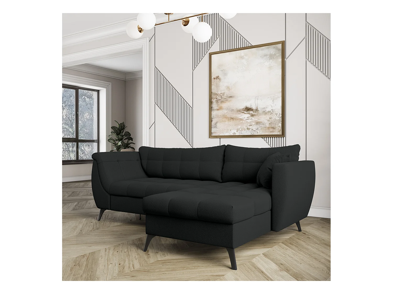 Canapé d'angle MOLLIS Noir en tissu texturé avec fonction de couchage