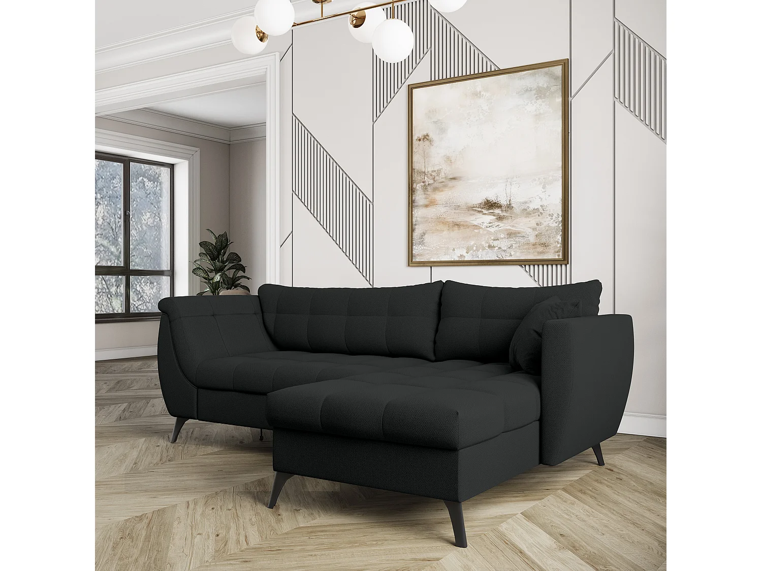 Canapé d'angle MOLLIS Noir en tissu texturé avec fonction de couchage