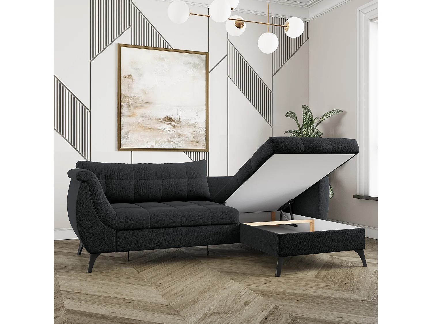 Canapé d'angle MOLLIS Noir en tissu texturé avec fonction de couchage