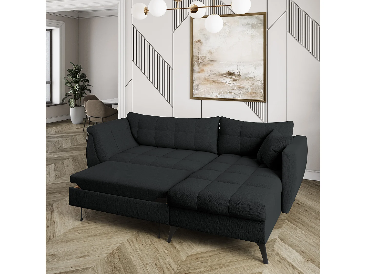 Canapé d'angle MOLLIS Noir en tissu texturé avec fonction de couchage