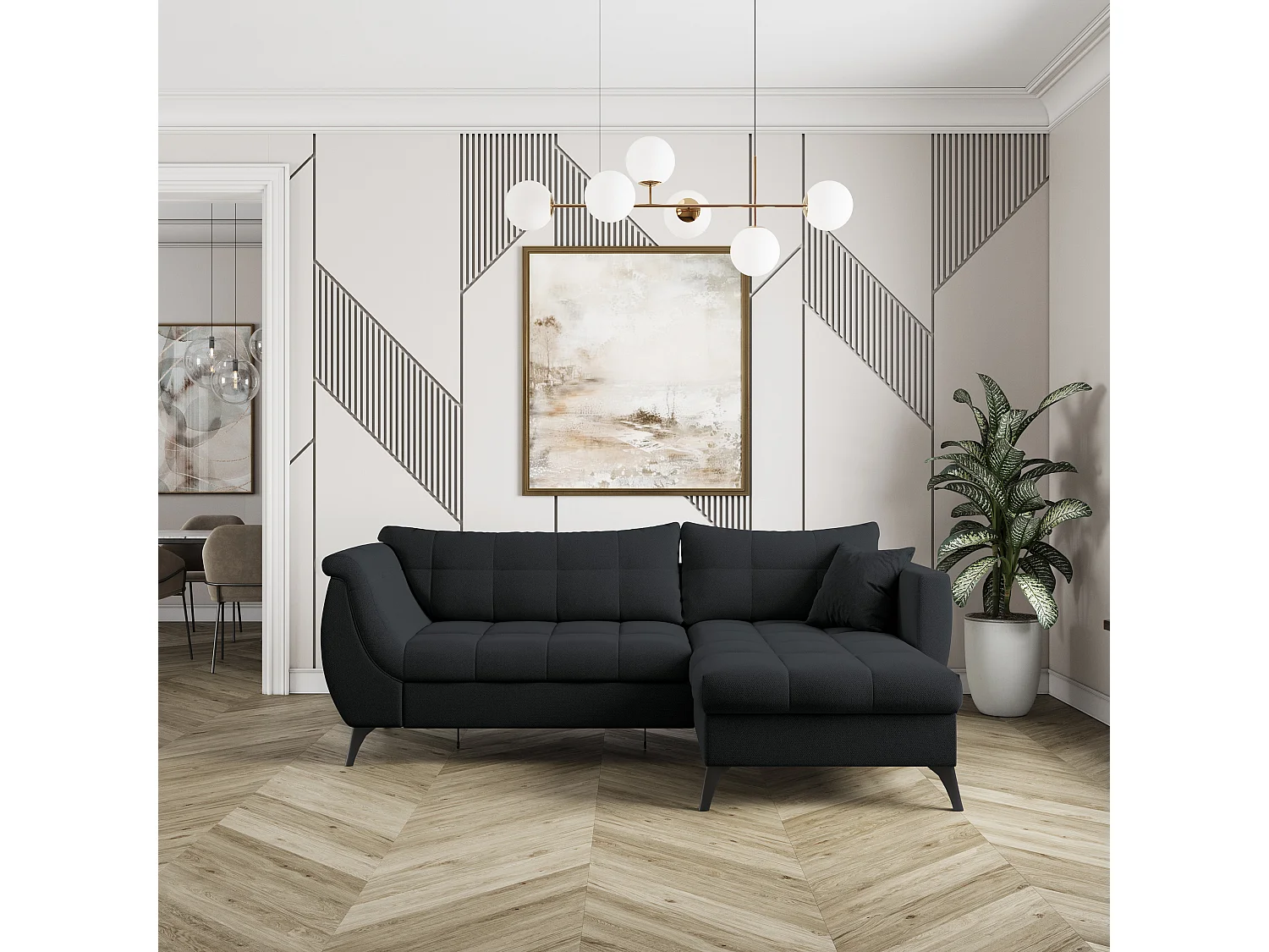 Canapé d'angle MOLLIS Noir en tissu texturé avec fonction de couchage