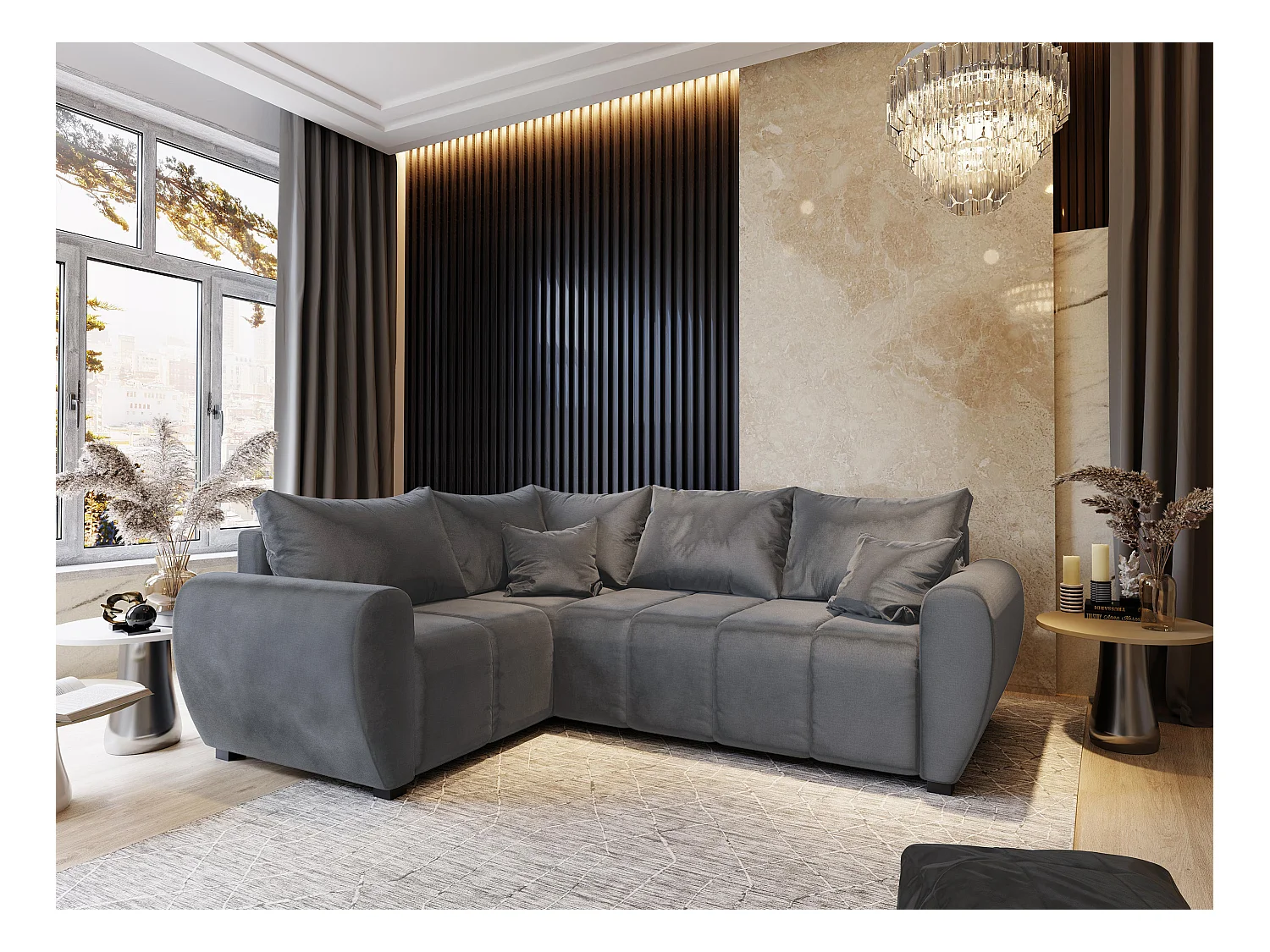 Canapé d'angle MADISON Gris en peluche avec fonction de couchage