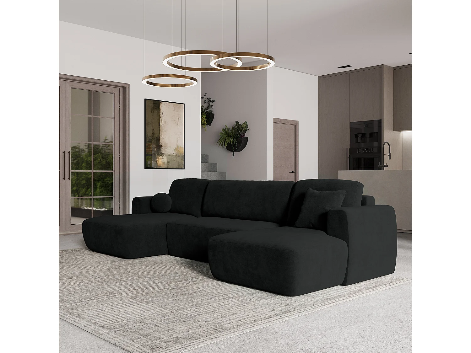 Canapé d'angle SENTUM Noir en peluche avec fonction de couchage