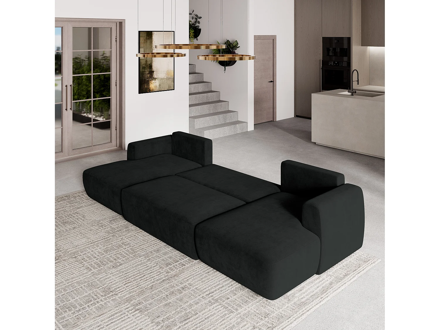 Canapé d'angle SENTUM Noir en peluche avec fonction de couchage