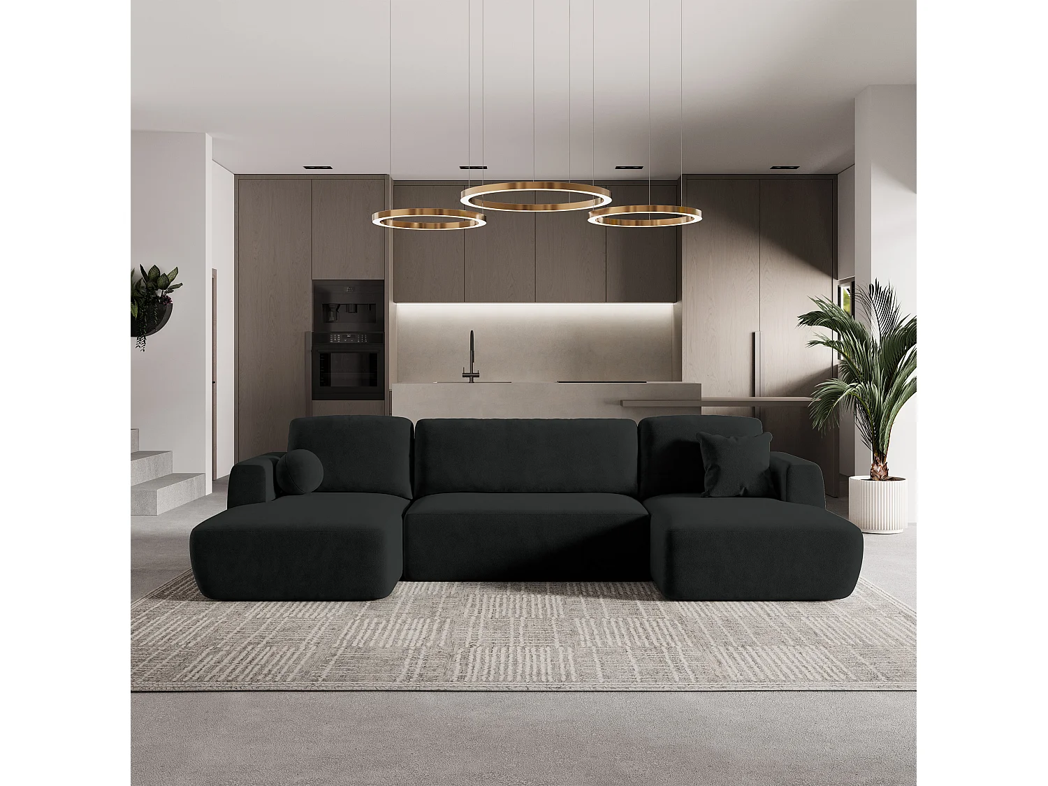 Canapé d'angle SENTUM Noir en peluche avec fonction de couchage