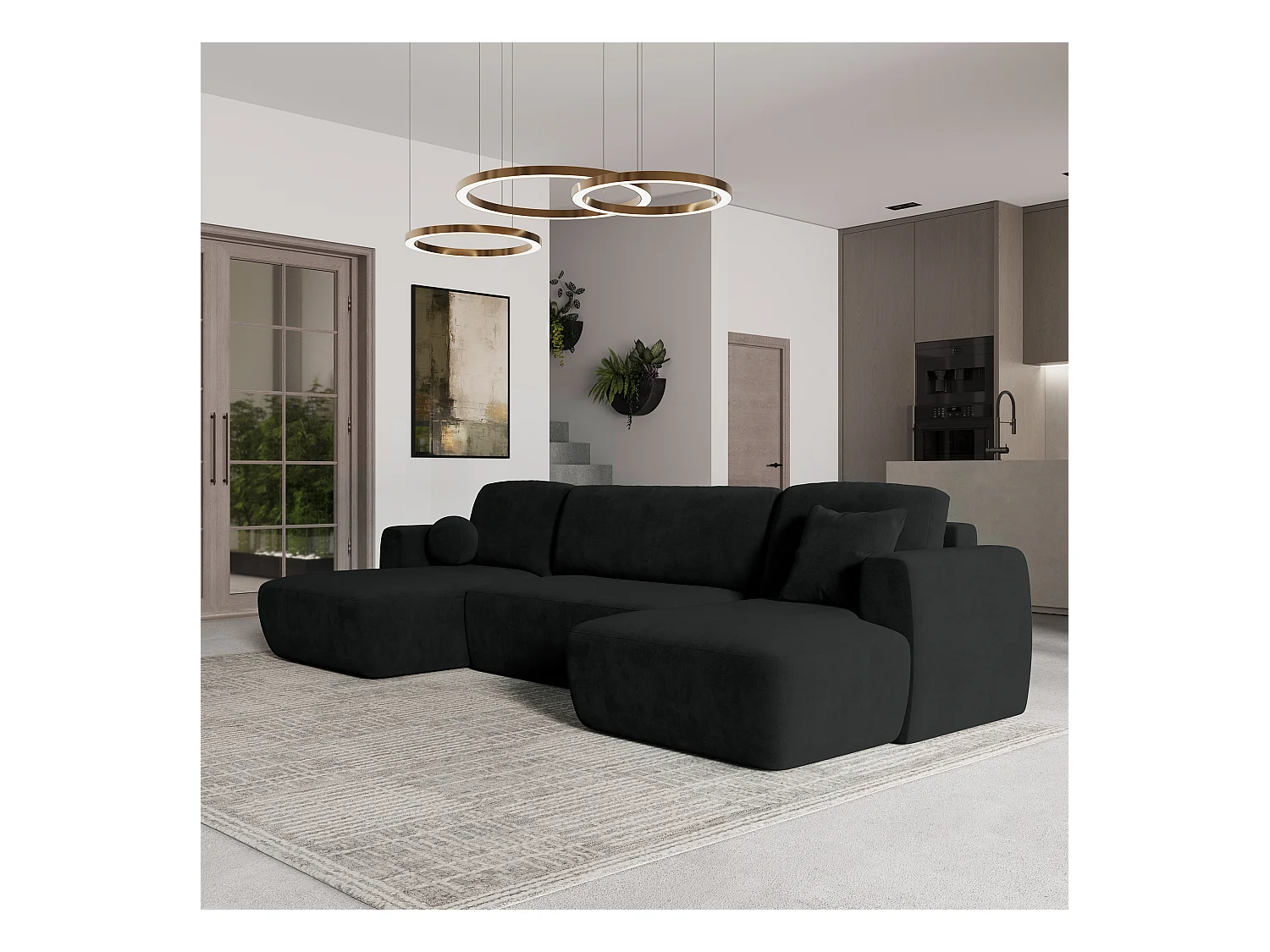 Canapé d'angle SENTUM Noir en peluche avec fonction de couchage