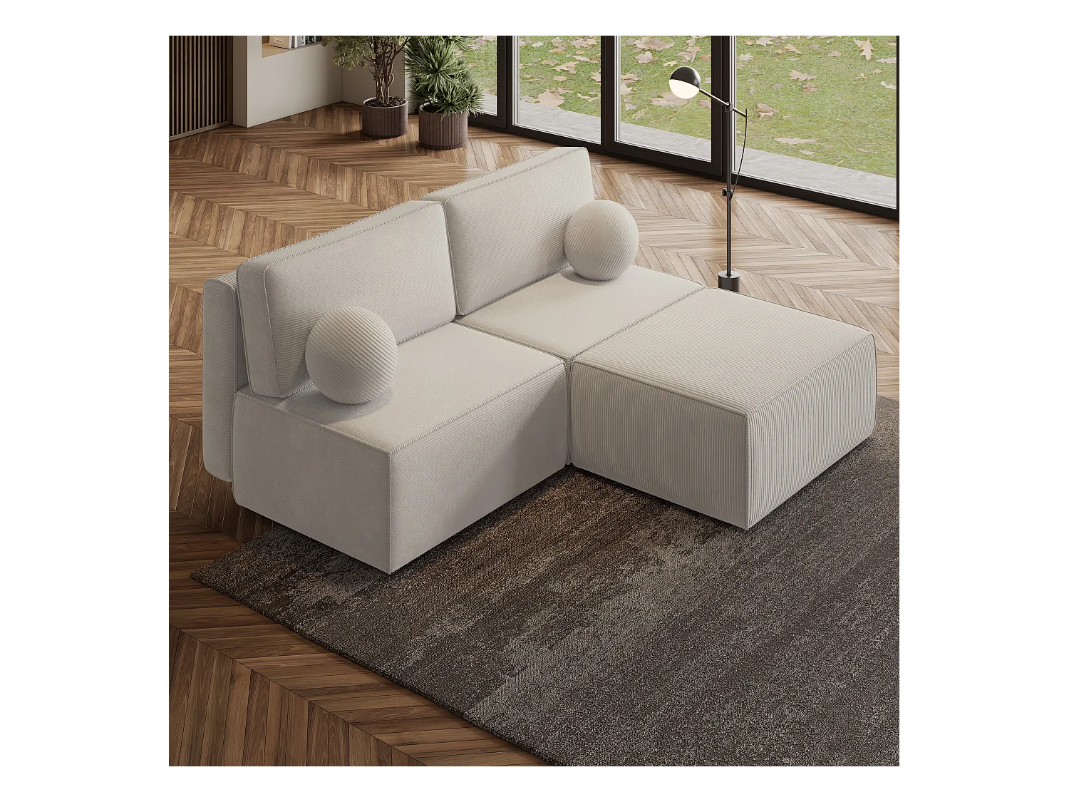 Canapé d'angle VARNA Crème en velours côtelé avec fonction de couchage