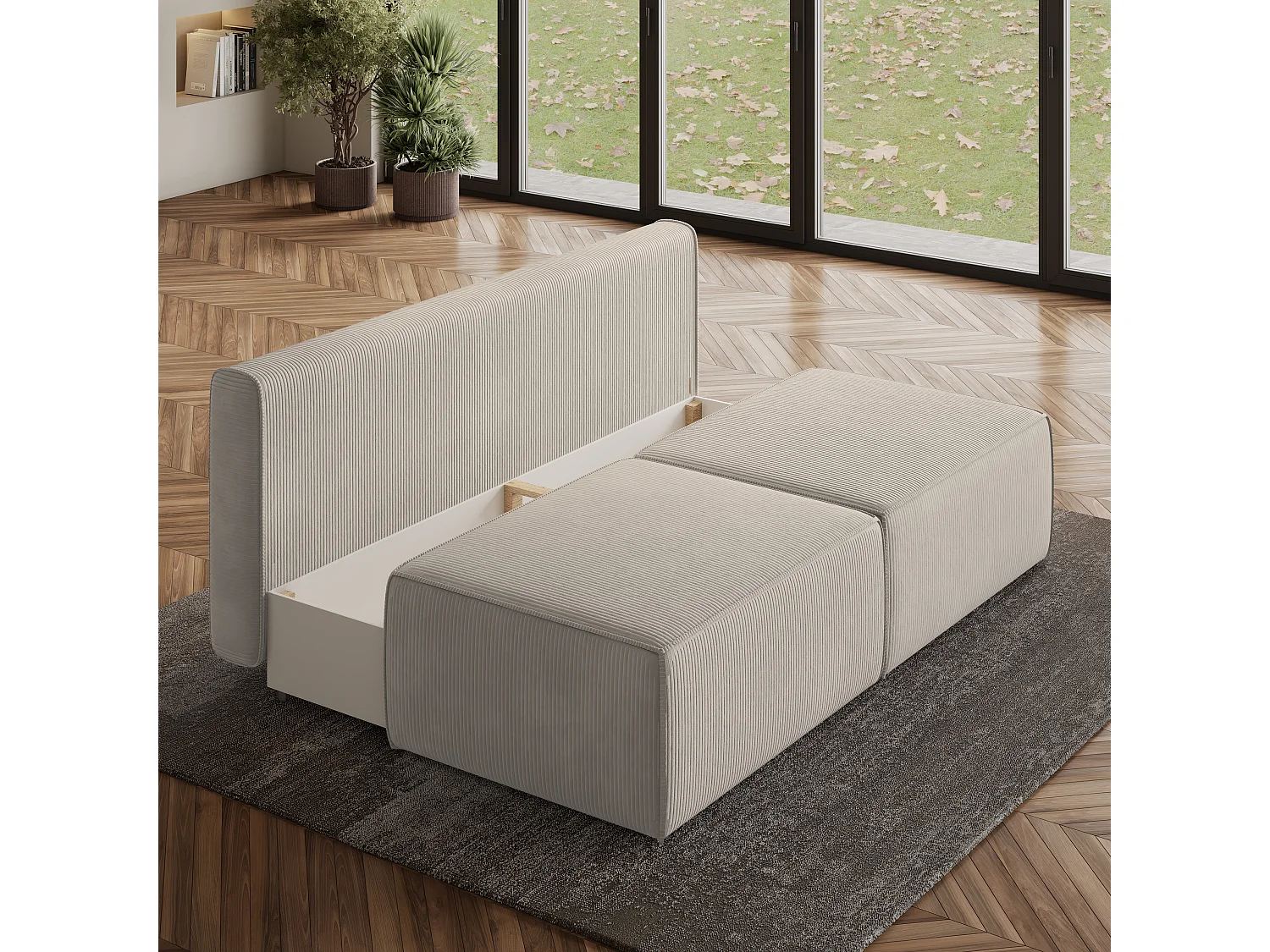 Canapé d'angle VARNA Crème en velours côtelé avec fonction de couchage