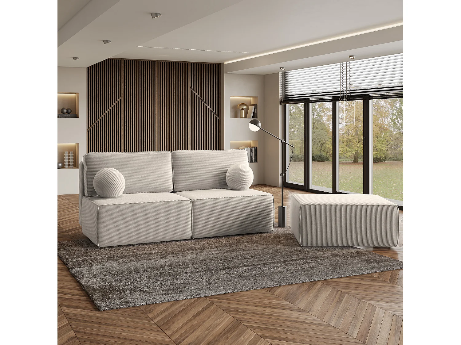 Canapé d'angle VARNA Crème en velours côtelé avec fonction de couchage